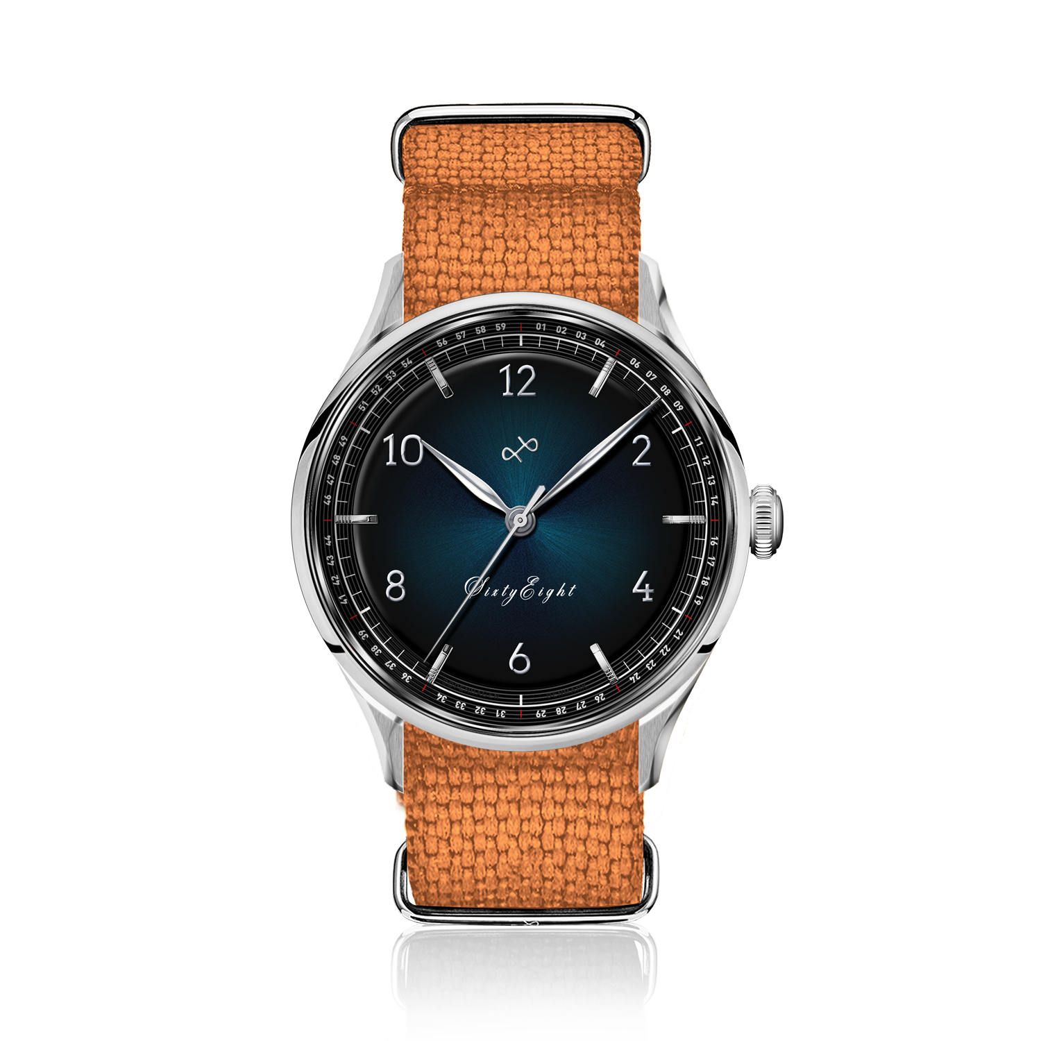 1968 Sixtyeight by AV86 vintage-inspired dress watch with sunray dial, sapphire crystal, stainless steel case, and textured fabric strap
