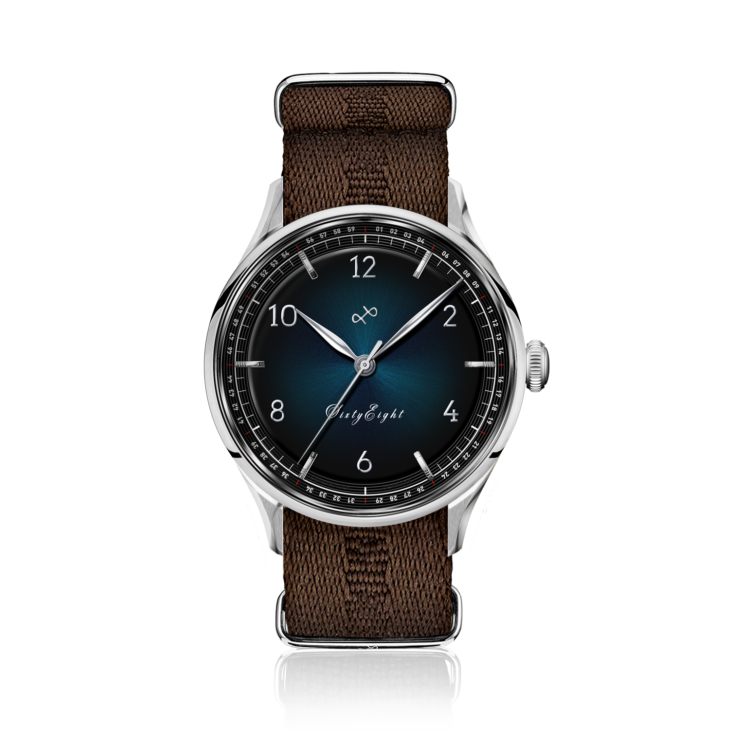 1968 Sixtyeight by AV86 vintage-inspired dress watch with sapphire crystal, sunray dial, and textured fabric strap