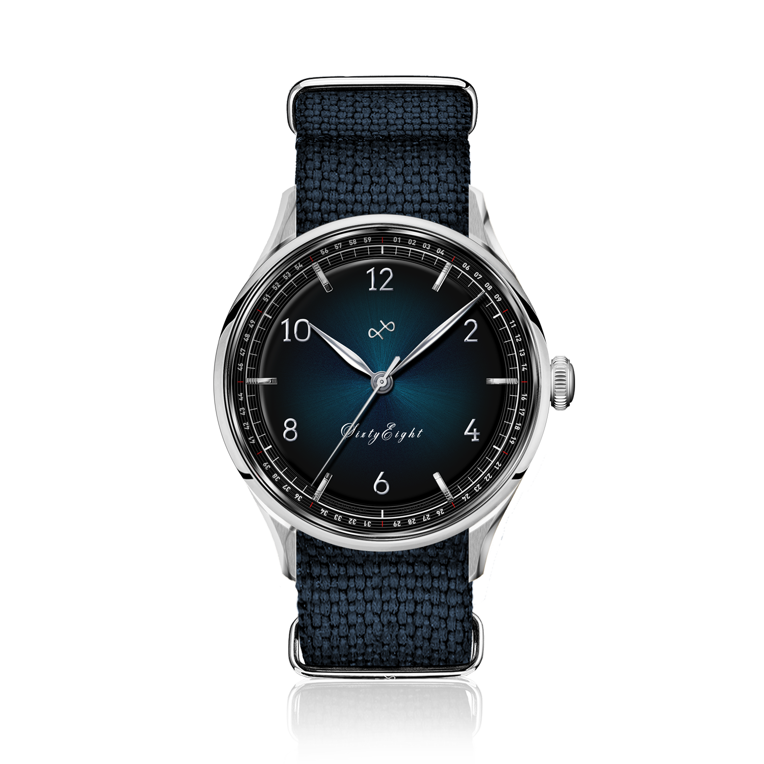1968 Sixtyeight by AV86 vintage-inspired dress watch with sunray dial, sapphire crystal, and textured fabric strap