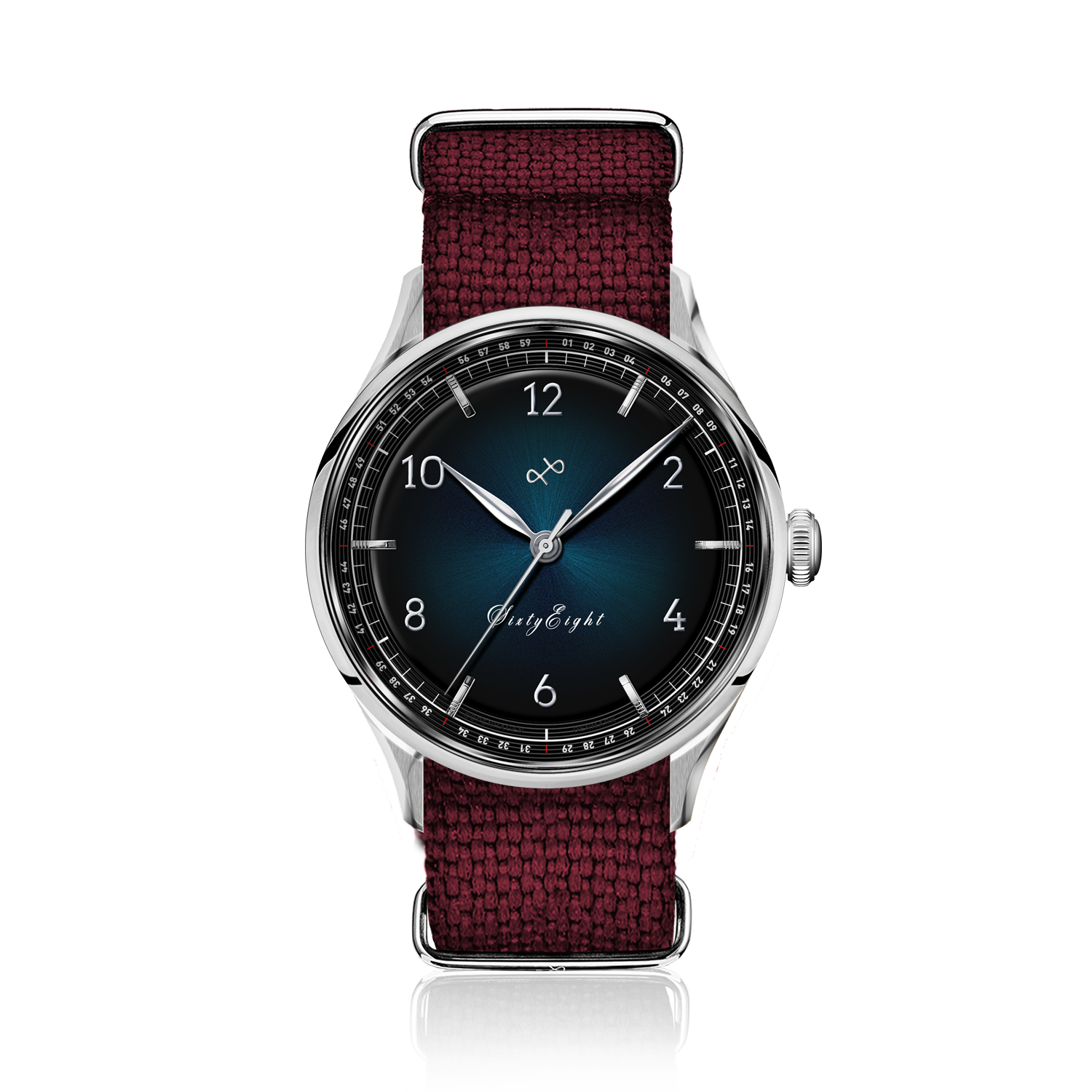 1968 Sixtyeight by AV86 vintage-inspired dress watch with sapphire crystal, blue sunray dial, and woven fabric strap