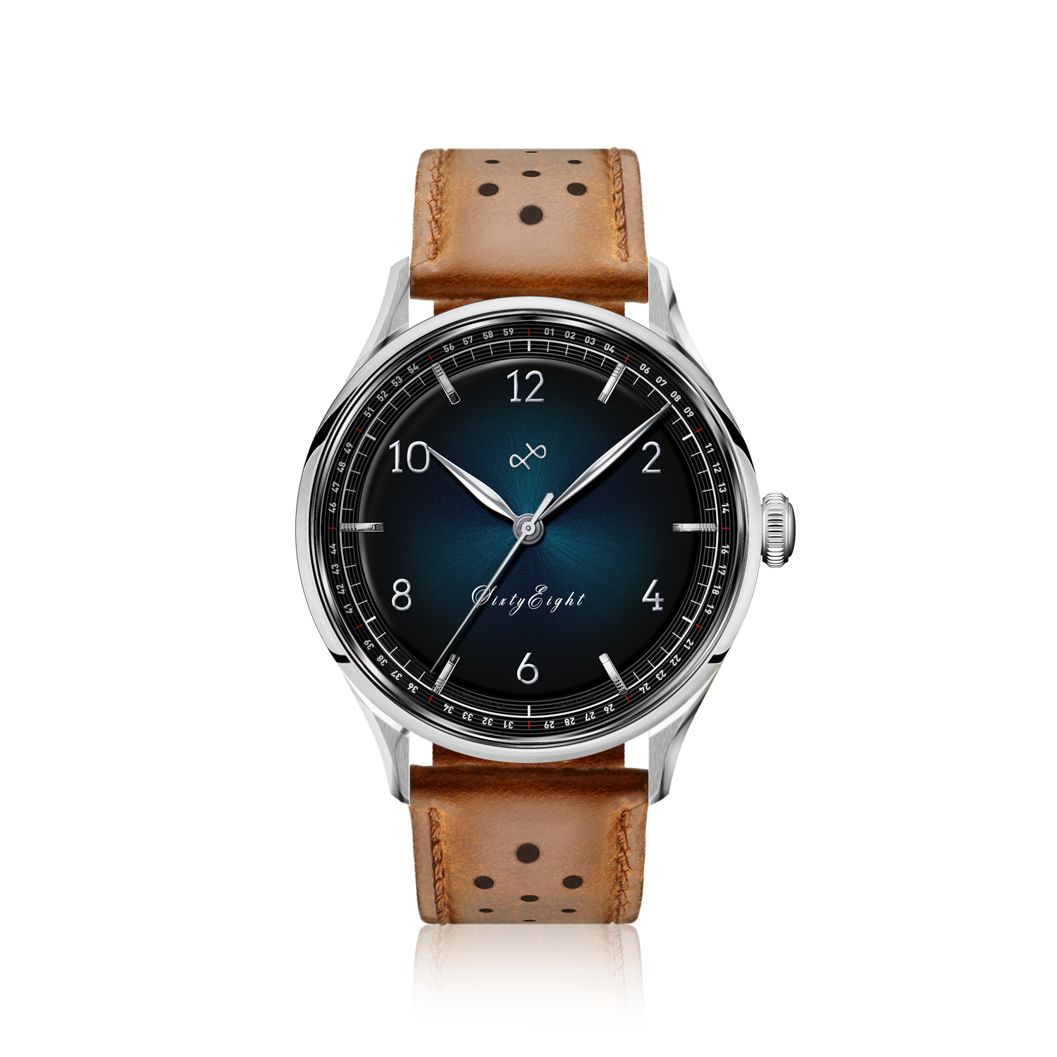 1968 Sixtyeight by AV86 vintage-inspired dress watch with sapphire crystal, blue sunray dial, and perforated brown leather strap