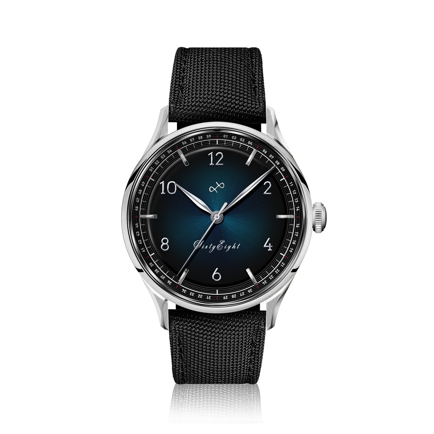 1968 Sixtyeight by AV86 vintage-inspired dress watch with sapphire crystal, blue sunray dial, and black fabric strap