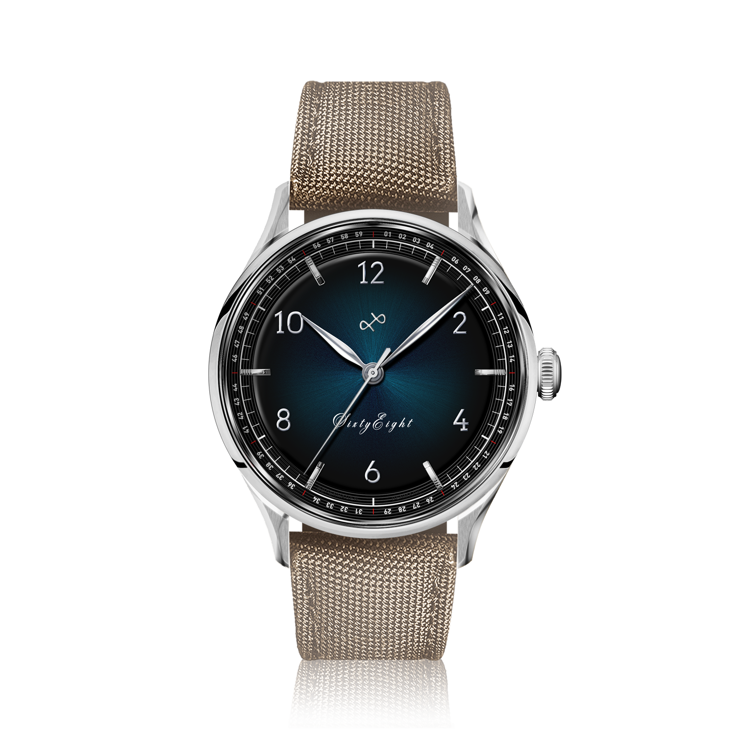 1968 Sixtyeight by AV86 vintage-inspired dress watch with sapphire crystal, blue sunray dial, and woven fabric strap