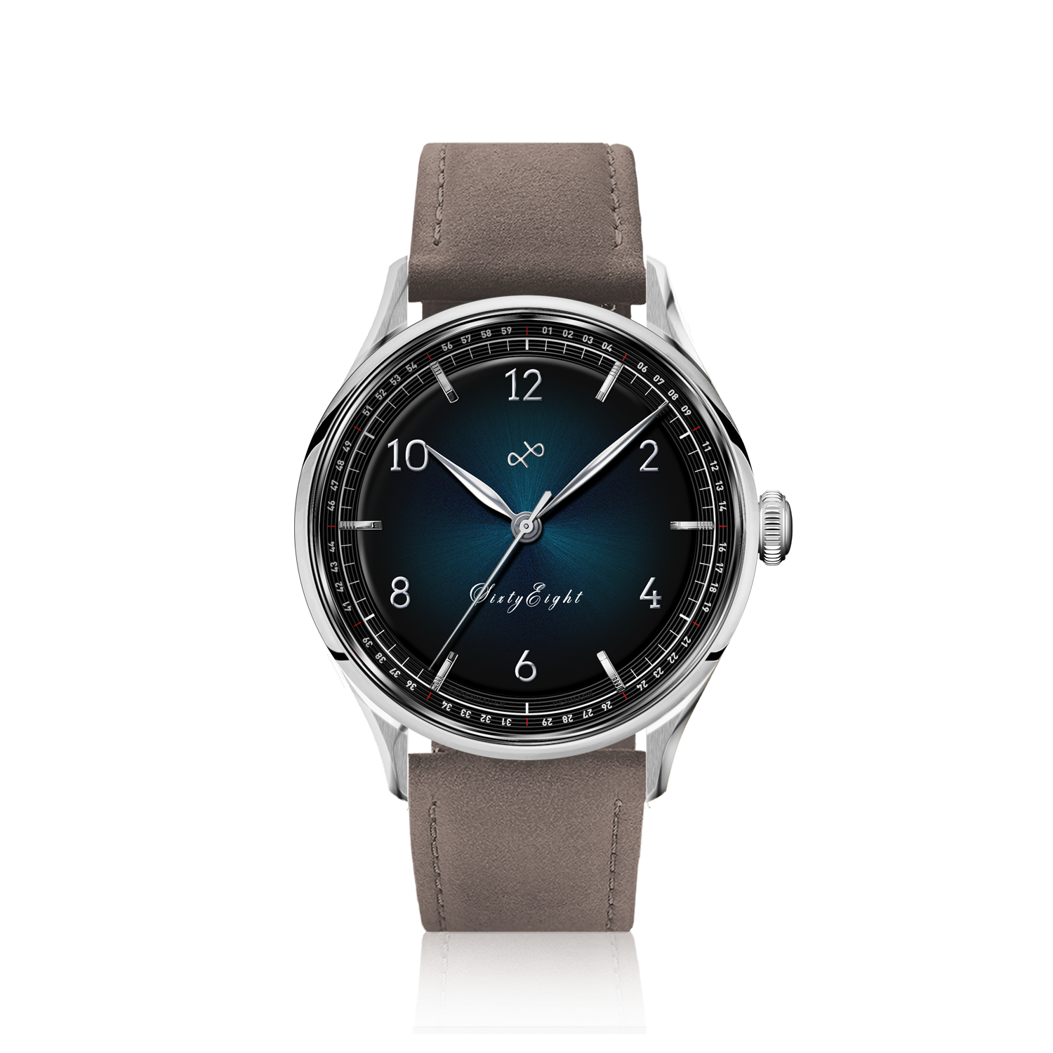 1968 Sixtyeight by AV86 vintage-inspired dress watch with sapphire crystal, blue sunray dial, and taupe leather strap