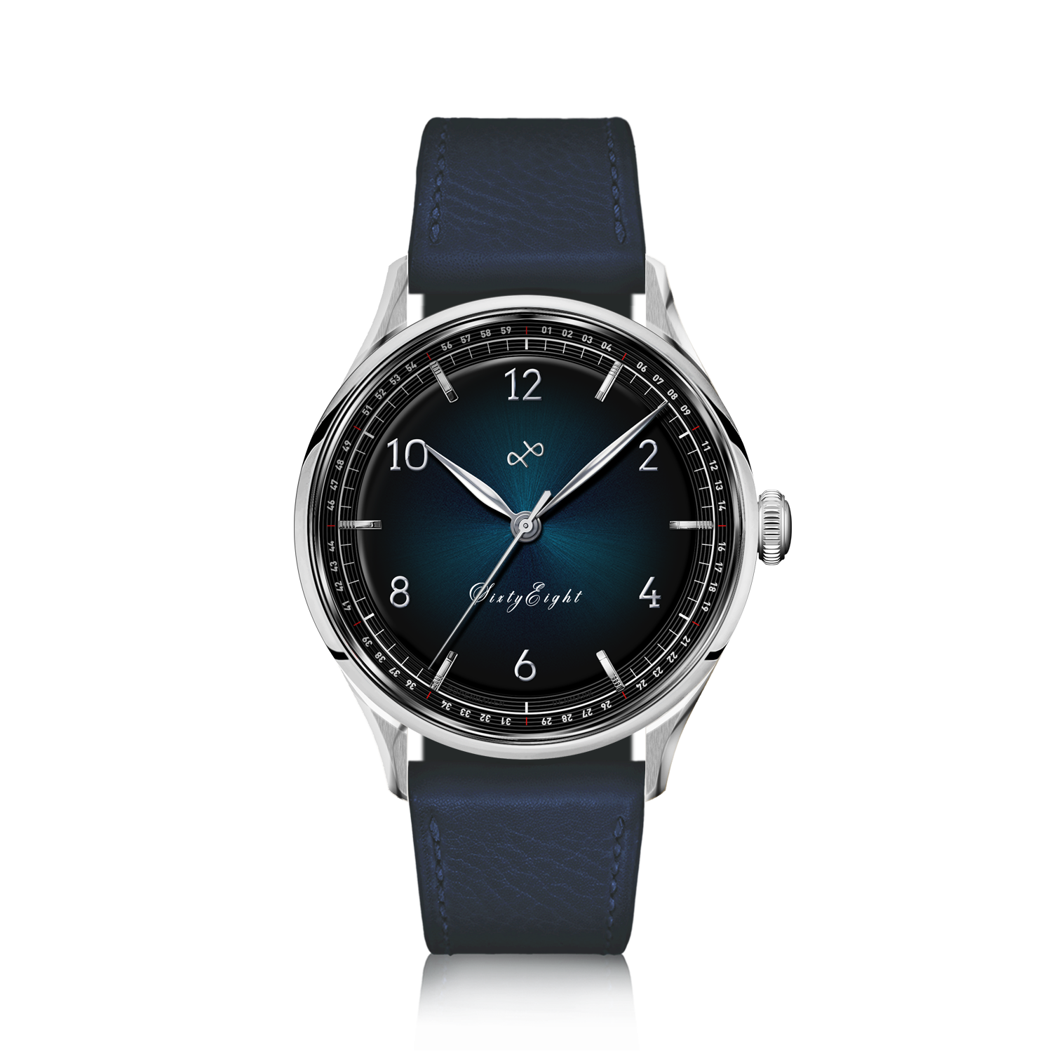 1968 Sixtyeight by AV86 vintage-inspired dress watch with sapphire crystal, sunray dial, and blue leather strap