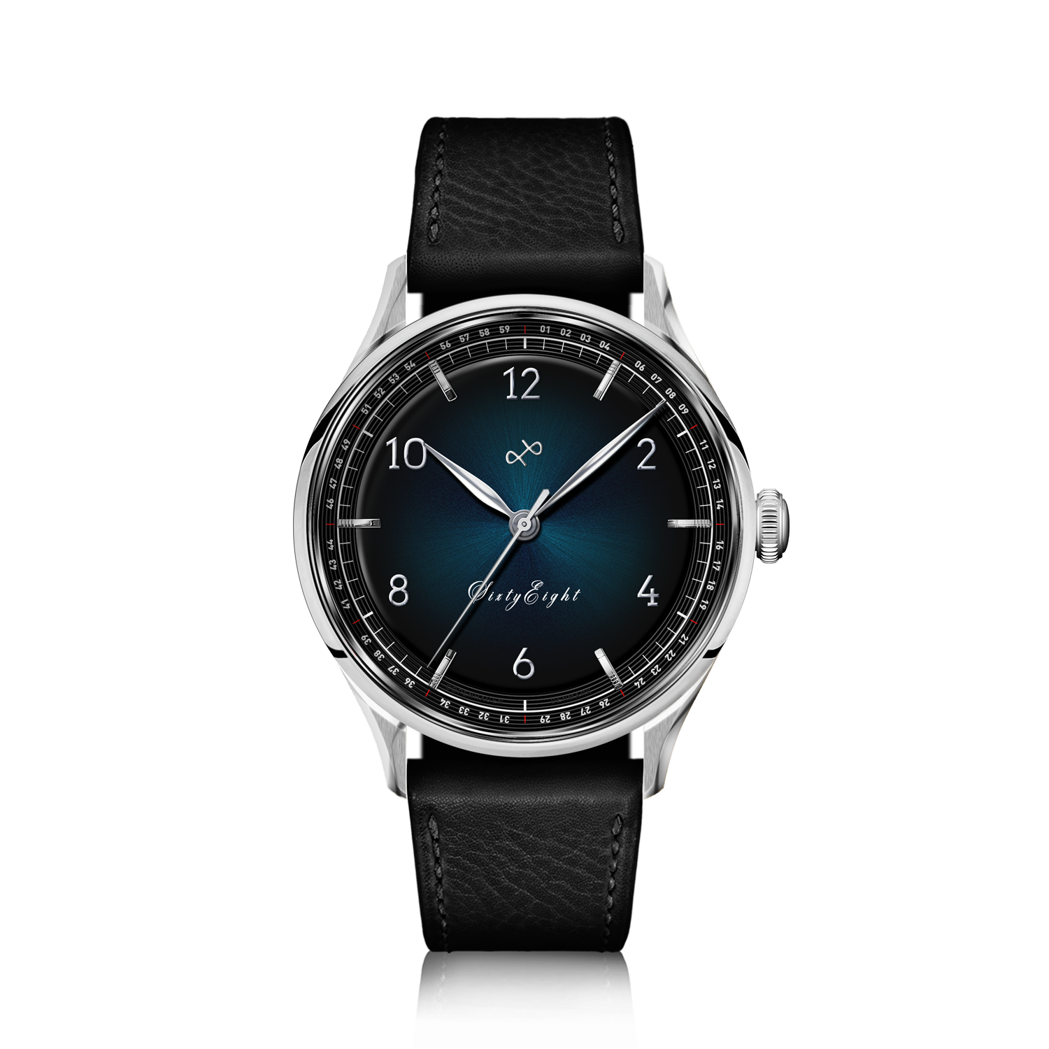 1968 Sixtyeight by AV86 vintage-inspired dress watch with sapphire crystal, blue sunray dial, and black leather strap