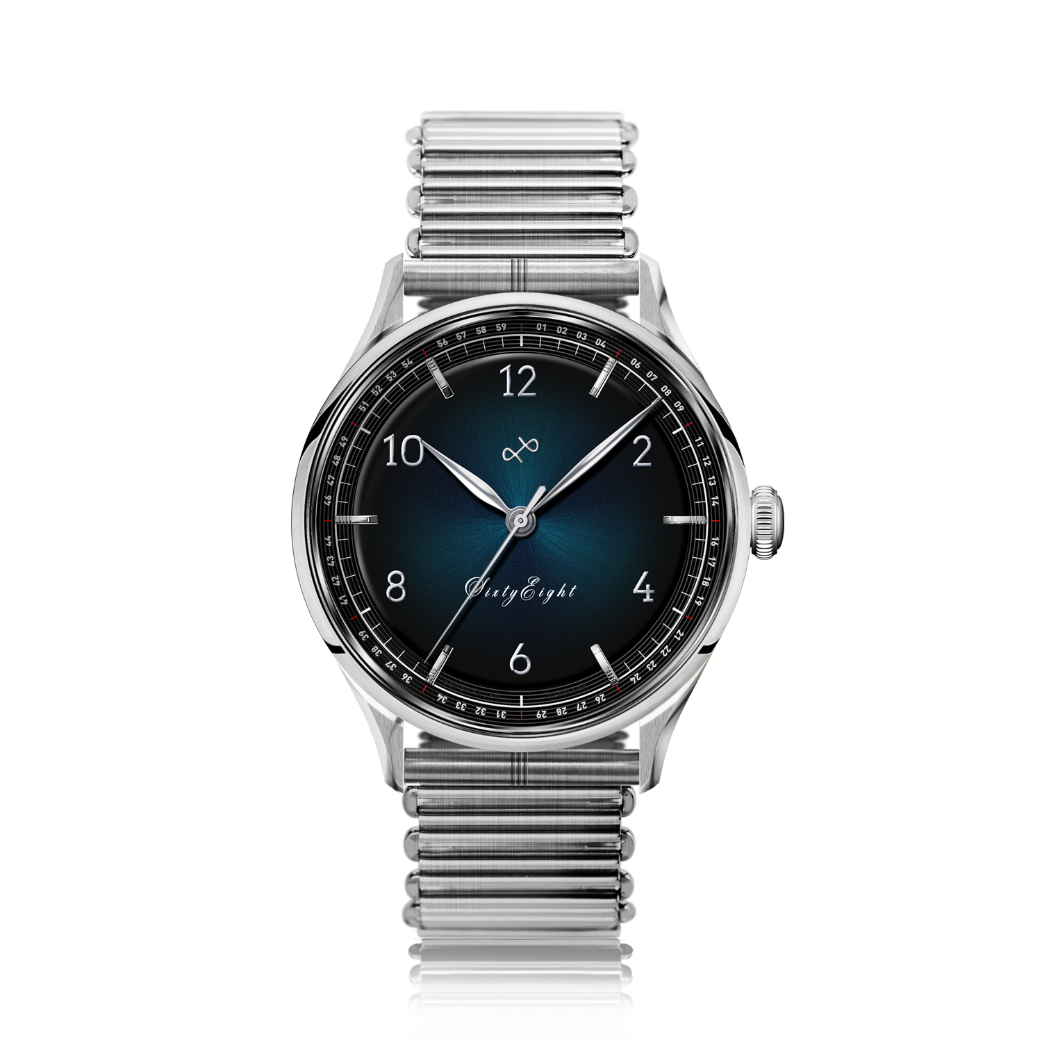 1968 Sixtyeight by AV86 vintage-inspired dress watch with sapphire crystal, blue sunray dial, and stainless steel bracelet strap