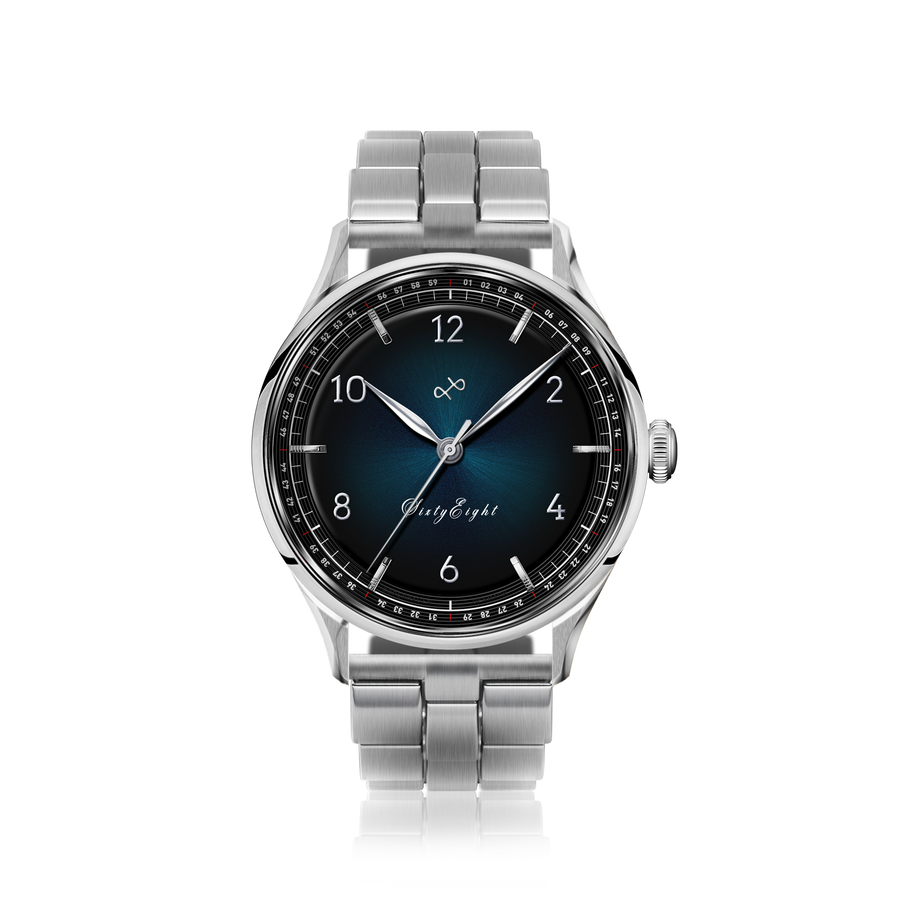 1968 Sixtyeight by AV86 luxury vintage-inspired dress watch with sapphire crystal, sunray dial, and stainless steel bracelet strap