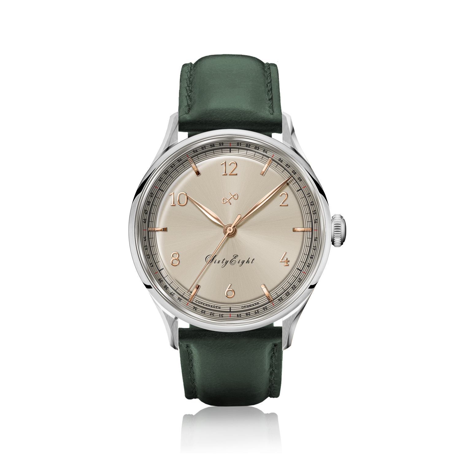 1968 Sixtyeight by AV86 vintage-inspired dress watch with sapphire crystal, polished case, champagne dial, and green leather strap