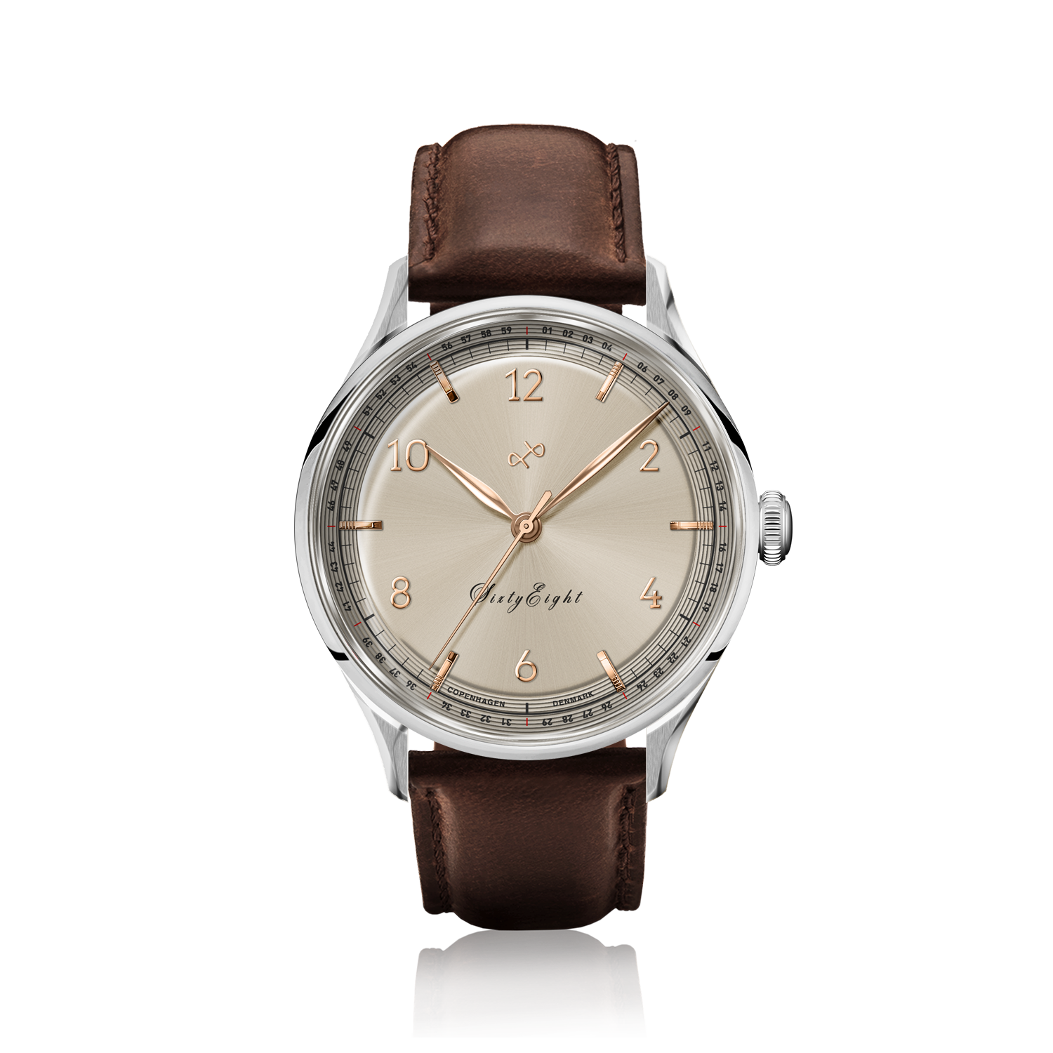 1968 Sixtyeight by AV86 vintage-inspired dress watch with champagne dial, sapphire crystal, and brown leather strap