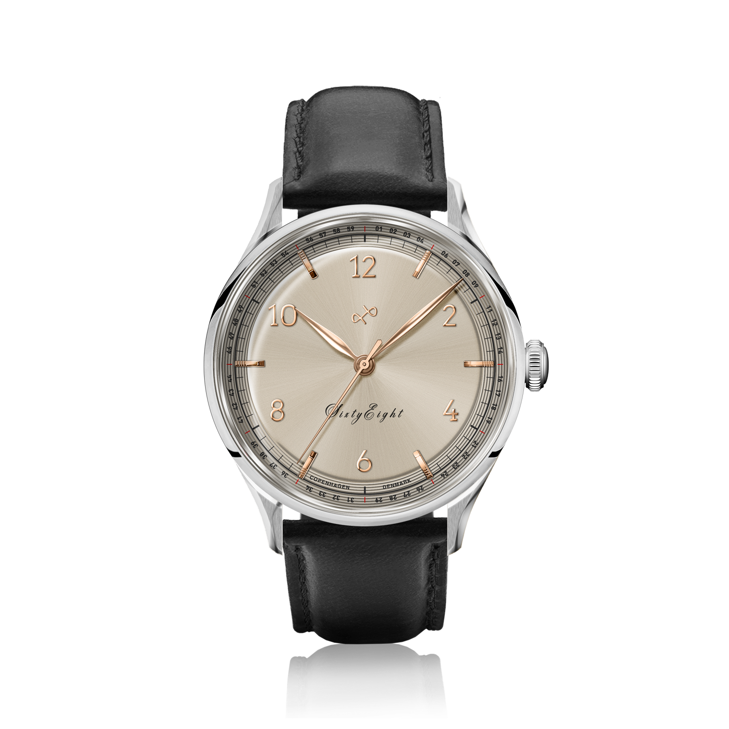 1968 Sixtyeight by AV86 vintage-inspired dress watch with sapphire crystal, polished case, champagne dial, and black leather strap