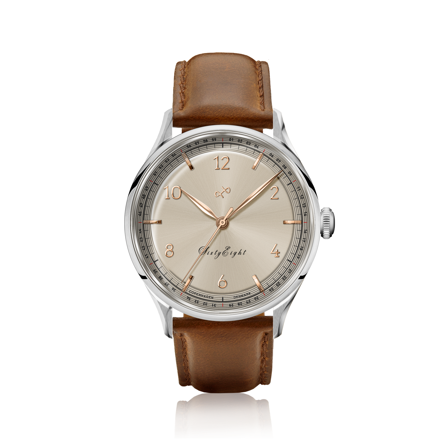 1968 Sixtyeight by AV86 dress watch with vintage-inspired champagne dial, sapphire crystal, and brown leather strap