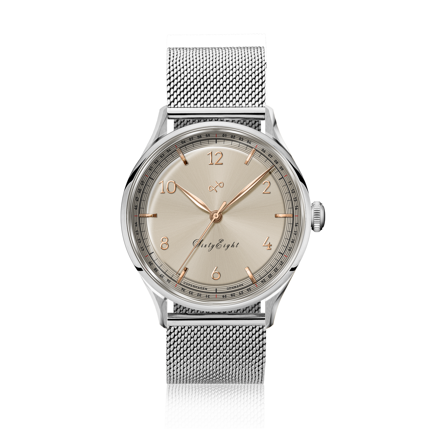 1968 Sixtyeight by AV86 vintage-inspired dress watch with sapphire crystal, delicate dial, and stainless steel mesh strap
