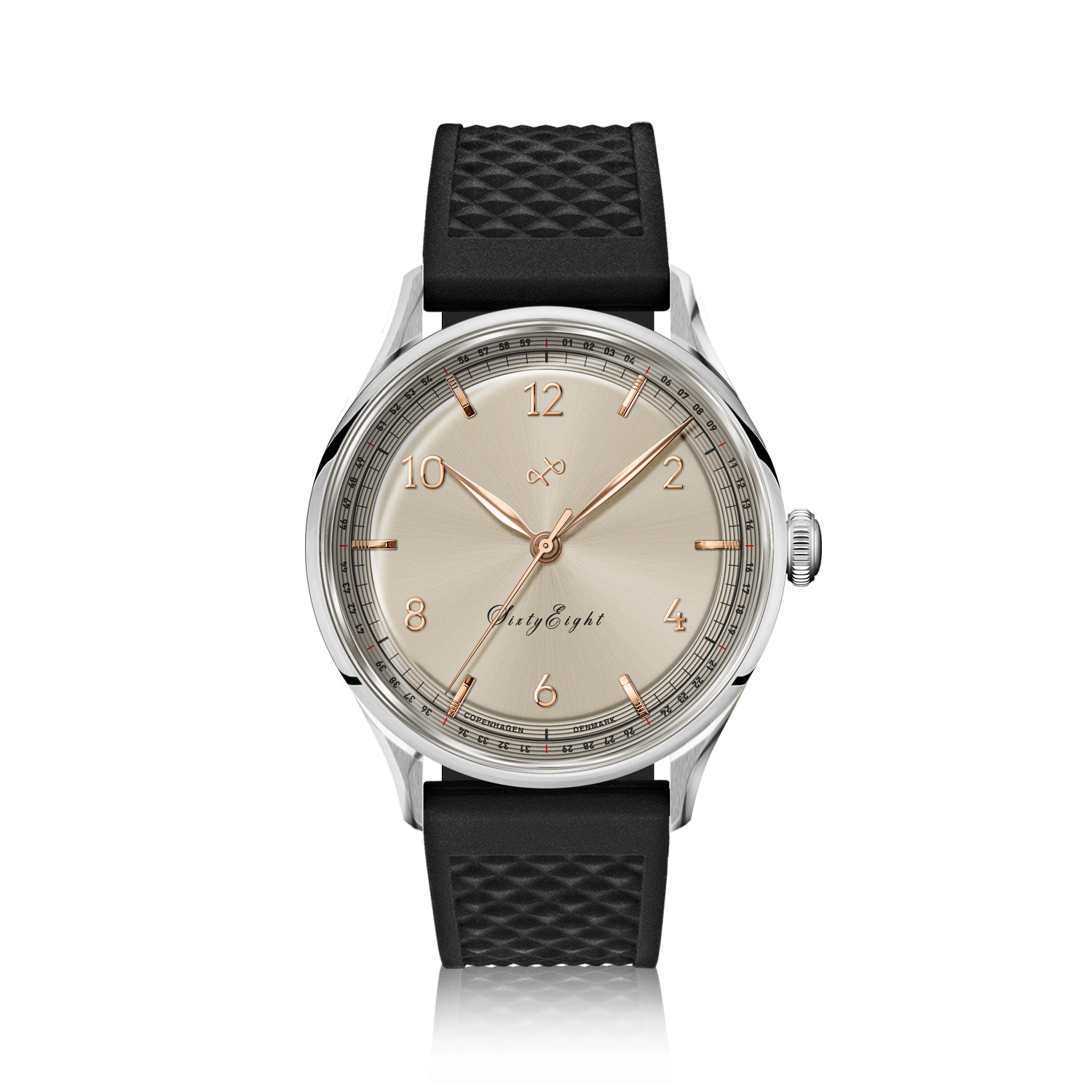 1968 Sixtyeight by AV86 vintage-inspired dress watch with champagne dial, sapphire crystal, and textured black rubber strap