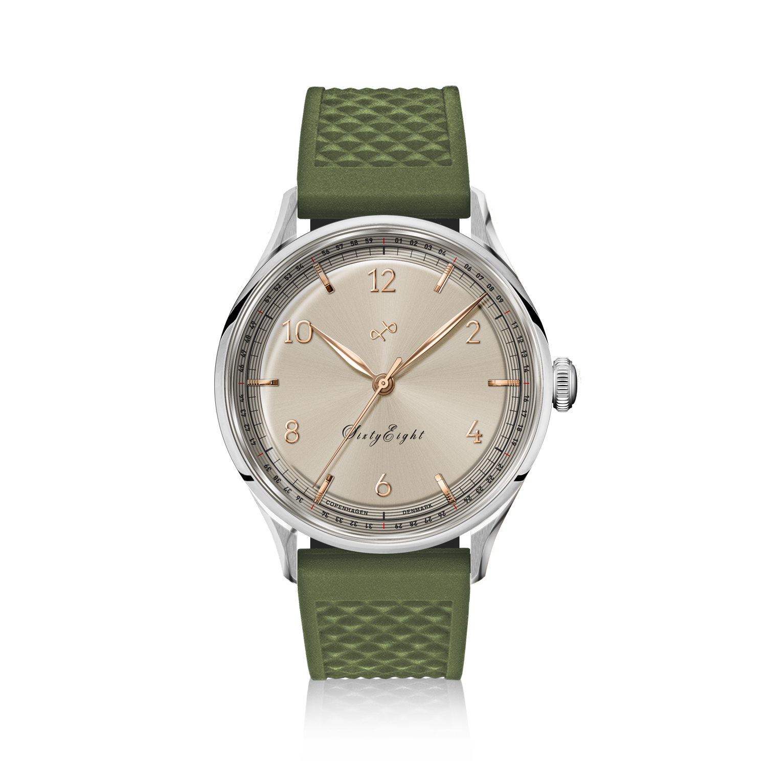 1968 Sixtyeight by AV86 vintage-inspired quartz dress watch with sapphire crystal, champagne dial, and textured rubber strap