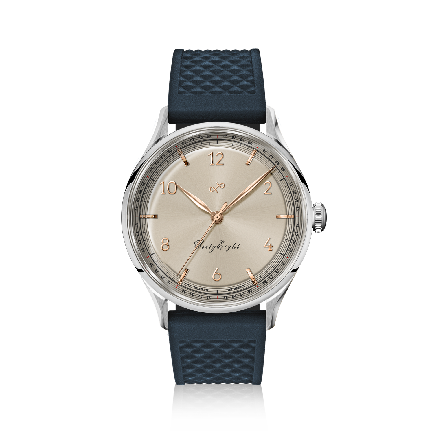 1968 Sixtyeight by AV86 vintage-inspired dress watch with sapphire crystal, textured rubber strap, and delicate champagne dial