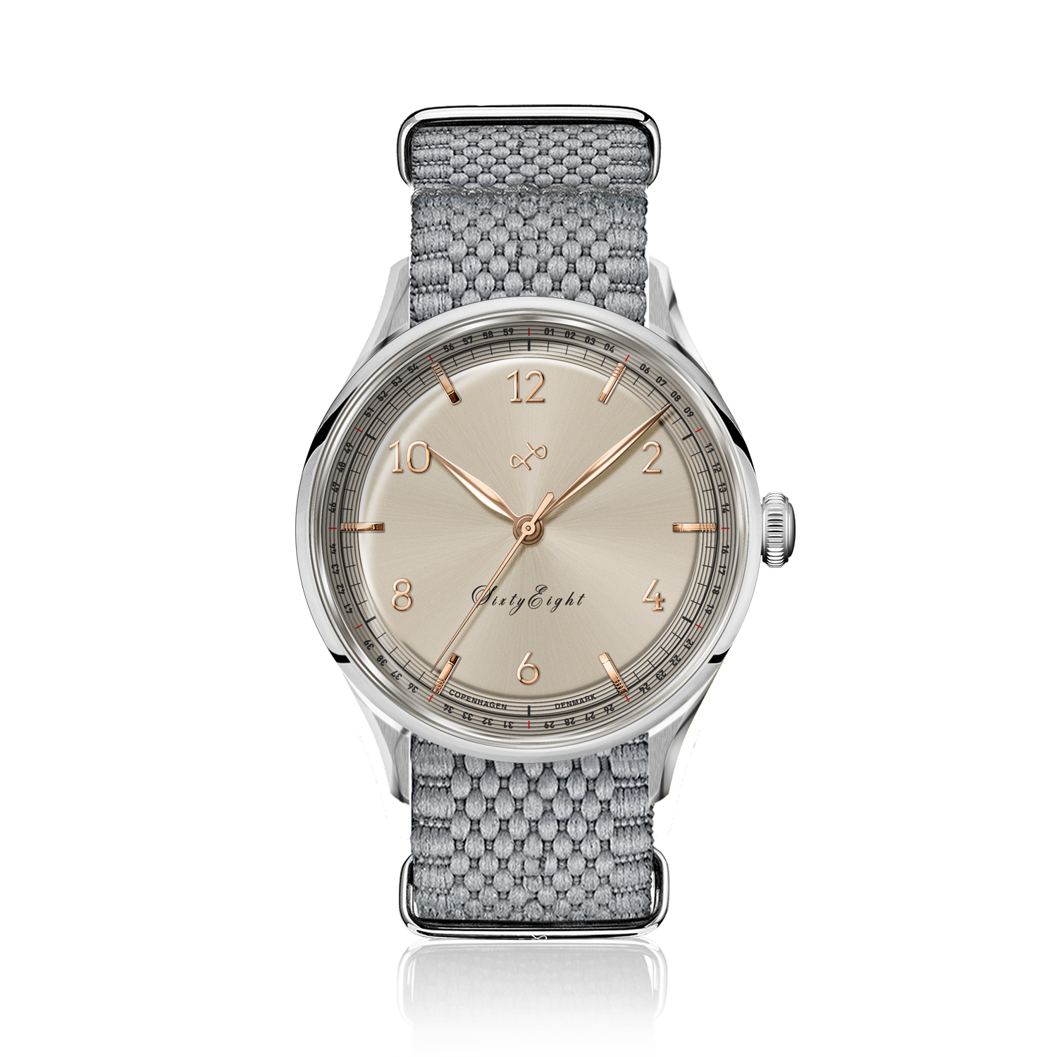 1968 Sixtyeight by AV86 vintage-inspired dress watch with sapphire crystal, delicately patterned dial, and woven fabric strap