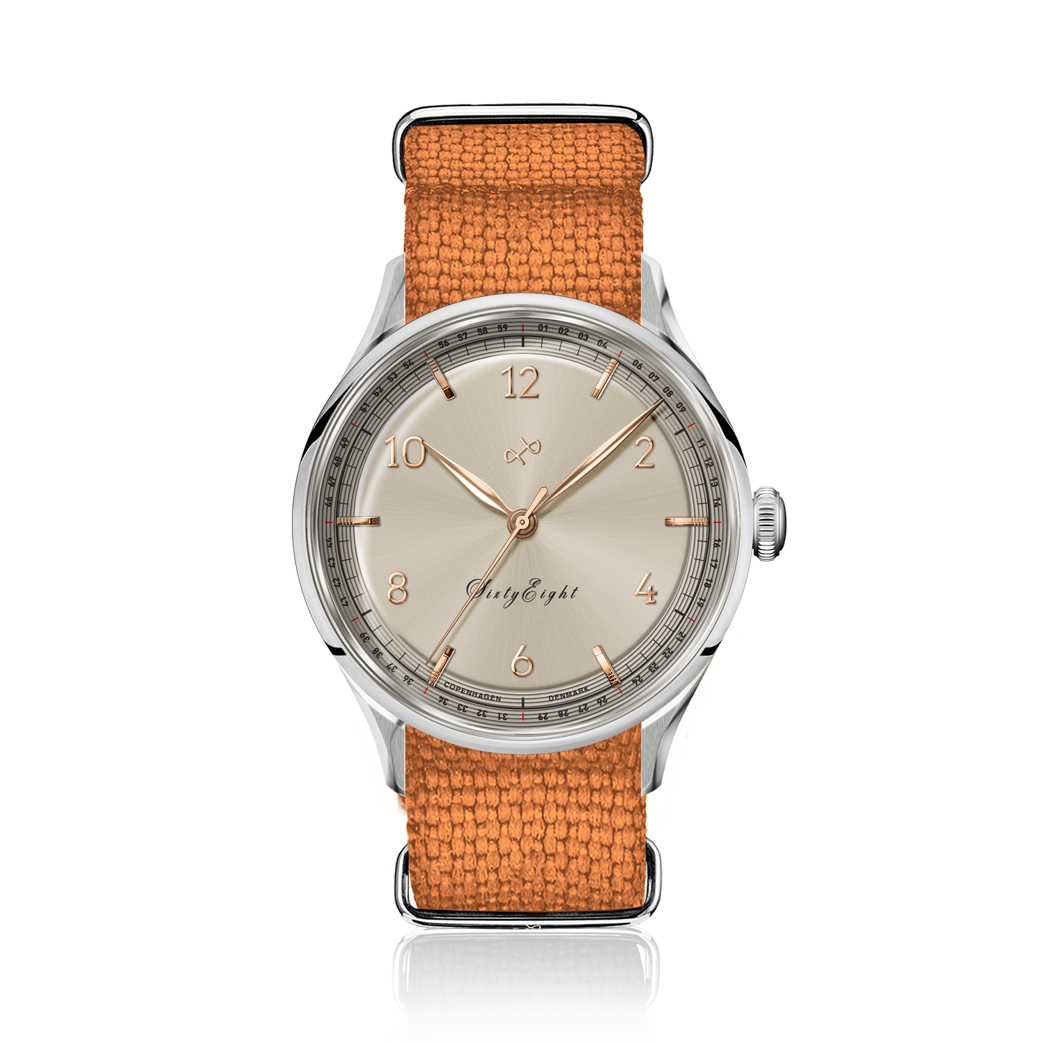 1968 Sixtyeight by AV86 vintage-inspired dress watch with delicate dial, sapphire crystal, and textured fabric strap