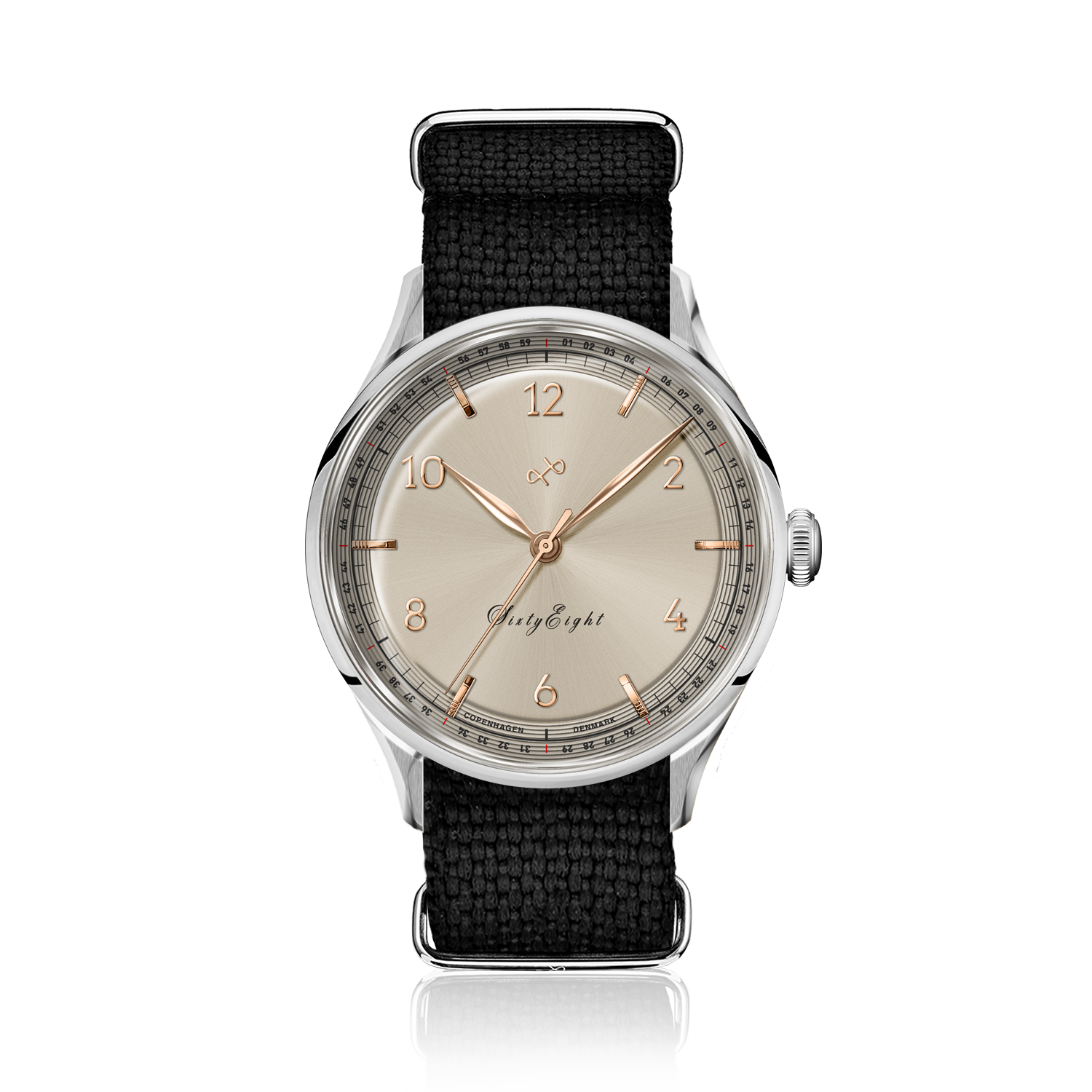 1968 Sixtyeight by AV86 vintage-inspired dress watch with sapphire crystal, elegant dial, and black fabric strap