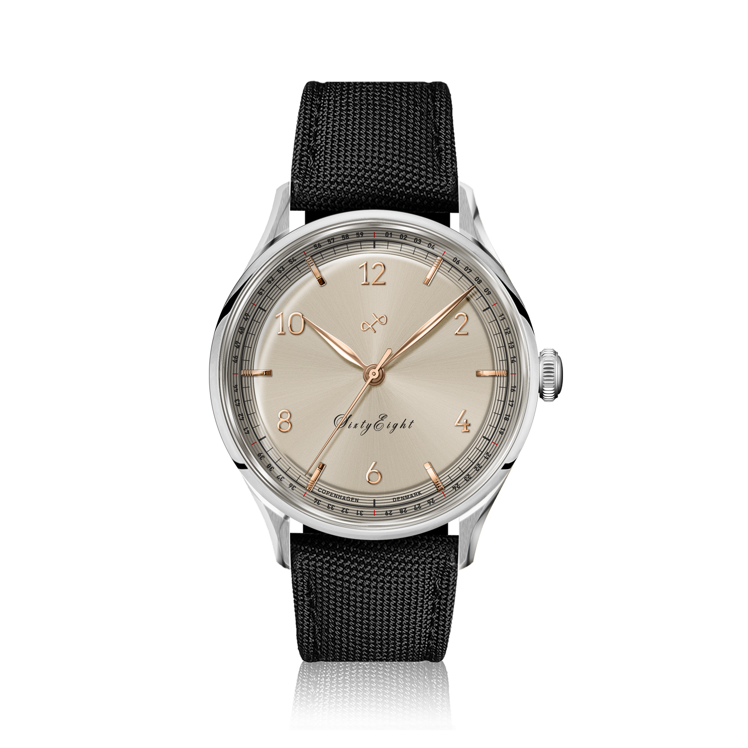 1968 Sixtyeight by AV86 vintage-inspired dress watch with sapphire crystal, elegant dial, and black textured fabric strap
