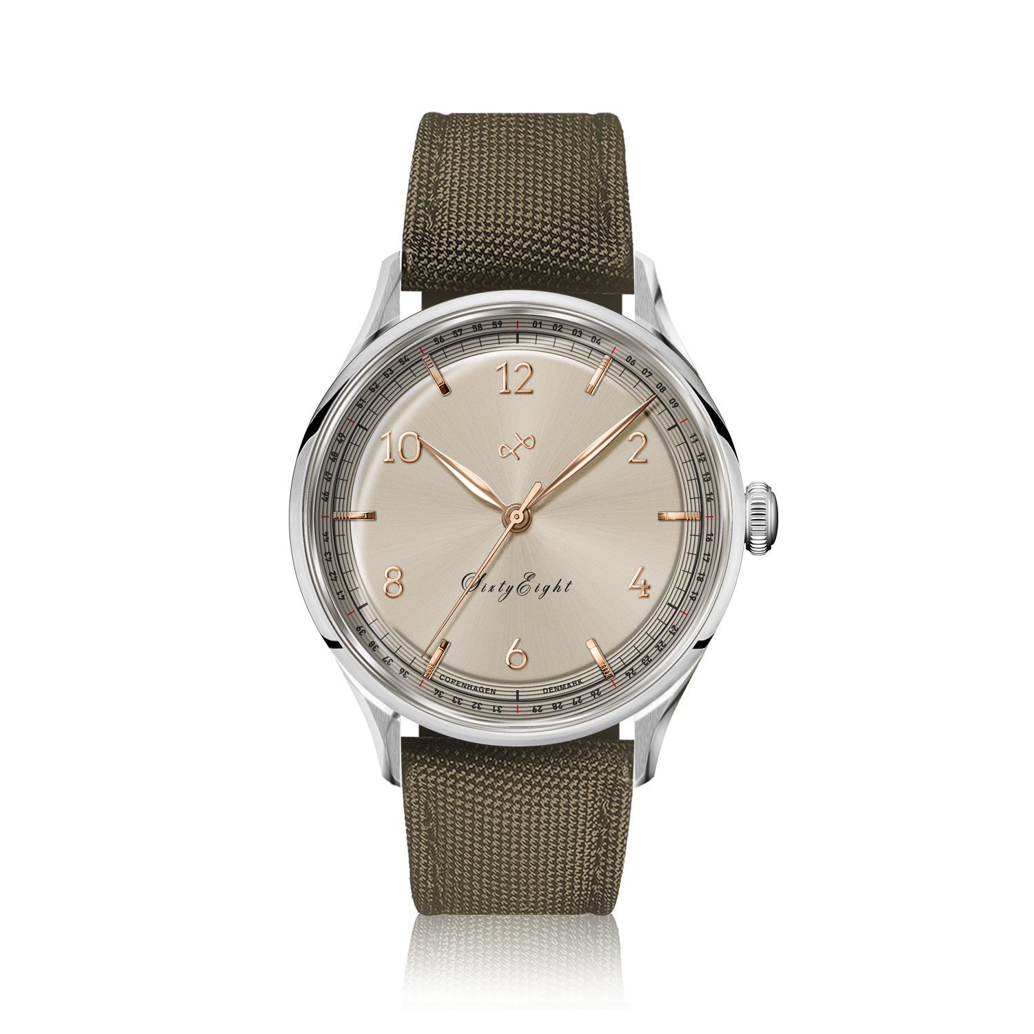 1968 Sixtyeight by AV86 vintage-inspired dress watch with sapphire crystal, subtle dial, and textured fabric strap