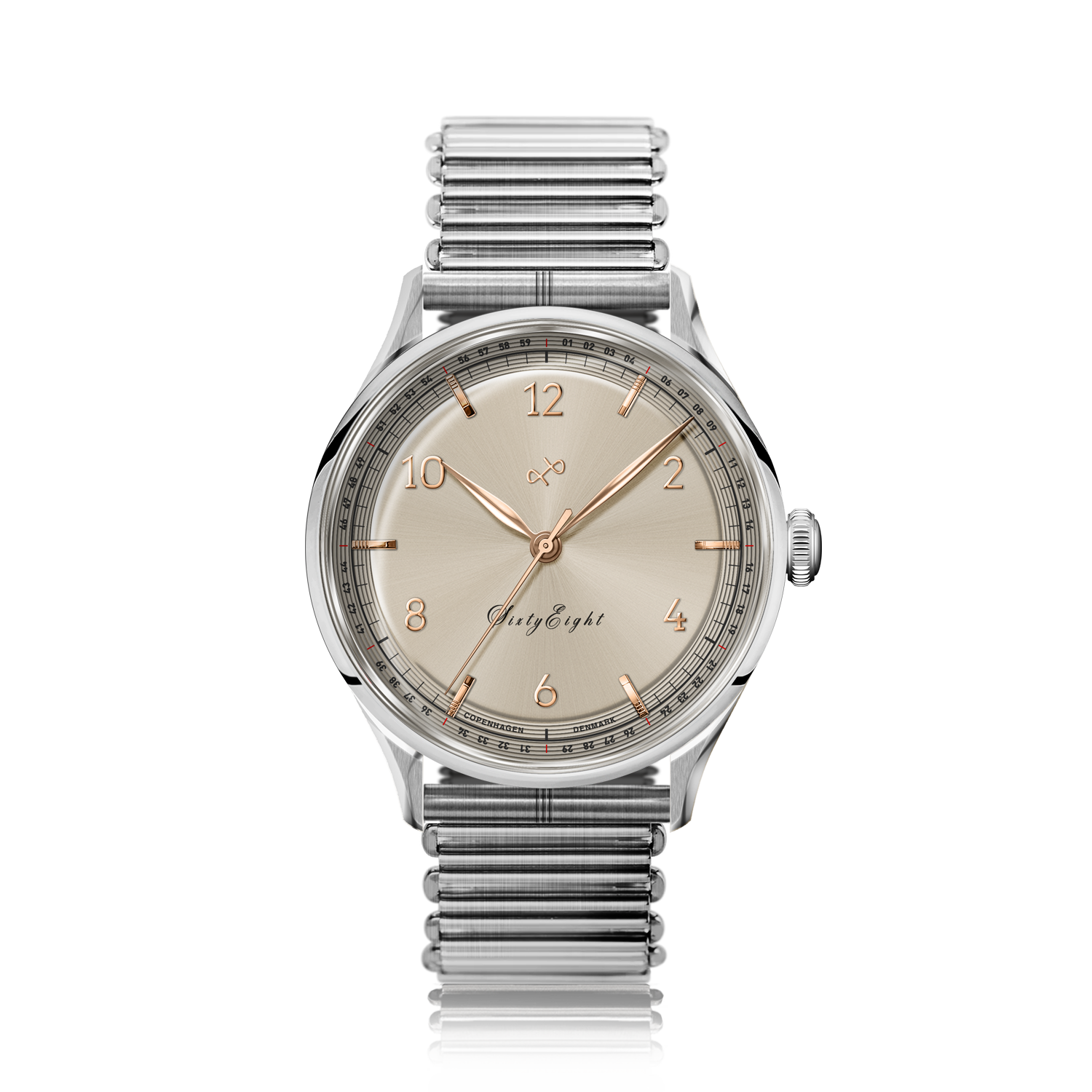 1968 Sixtyeight by AV86 vintage-inspired dress watch with domed sapphire crystal, delicate champagne dial, and stainless steel bracelet strap