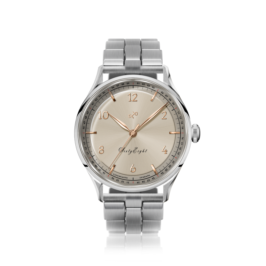 1968 Sixtyeight by AV86 vintage-inspired dress watch with sapphire crystal, delicate dial, and polished metal bracelet strap