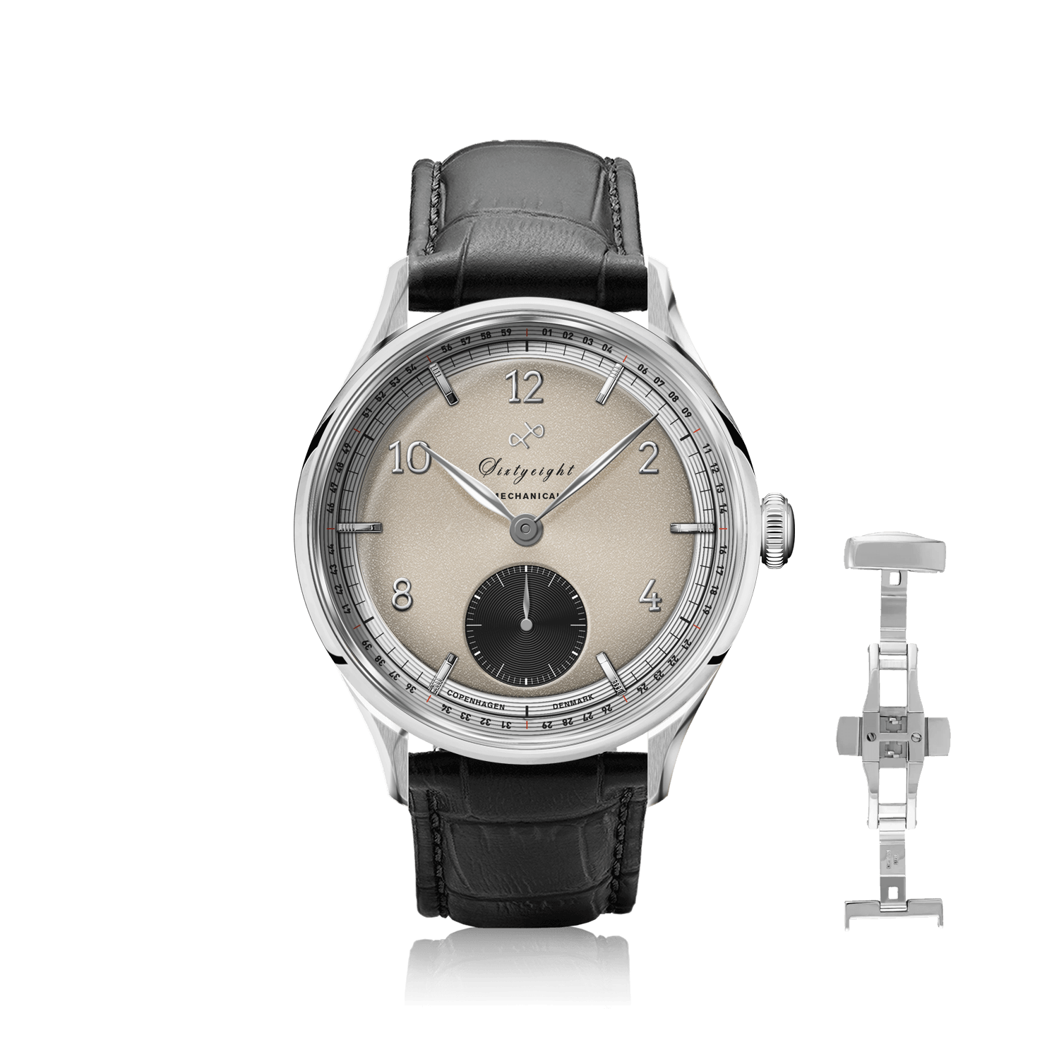 1968 Mechanical (Hand-Wound) by AV86 vintage-inspired dress watch with sapphire crystal and black leather strap