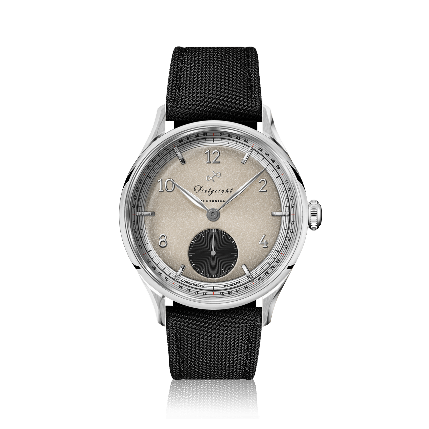 1968 Mechanical (Hand-Wound) by AV86 vintage-inspired dress watch with sapphire crystal and black textured fabric strap