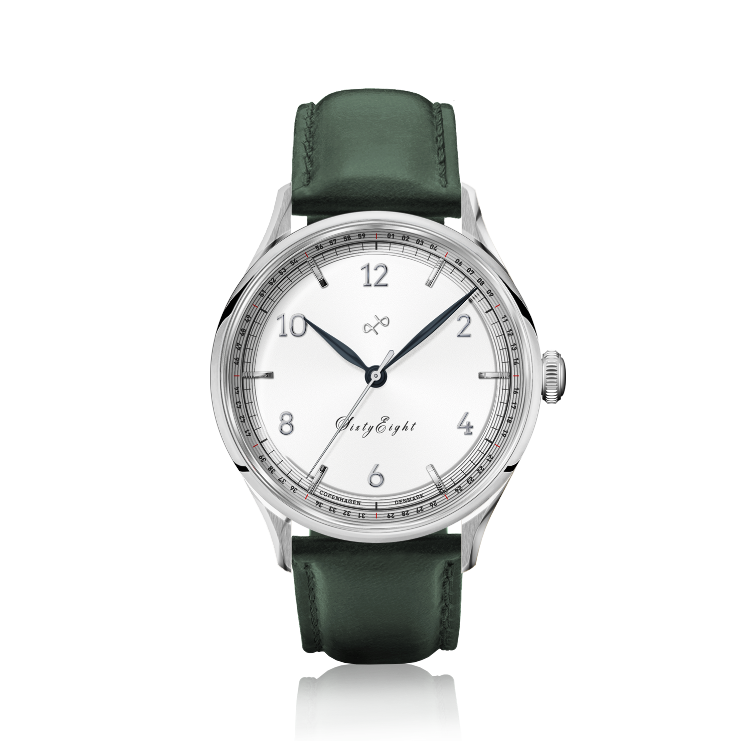 1968 Sixtyeight by AV86 vintage-inspired dress watch with sapphire crystal, minimalist dial, and green leather strap
