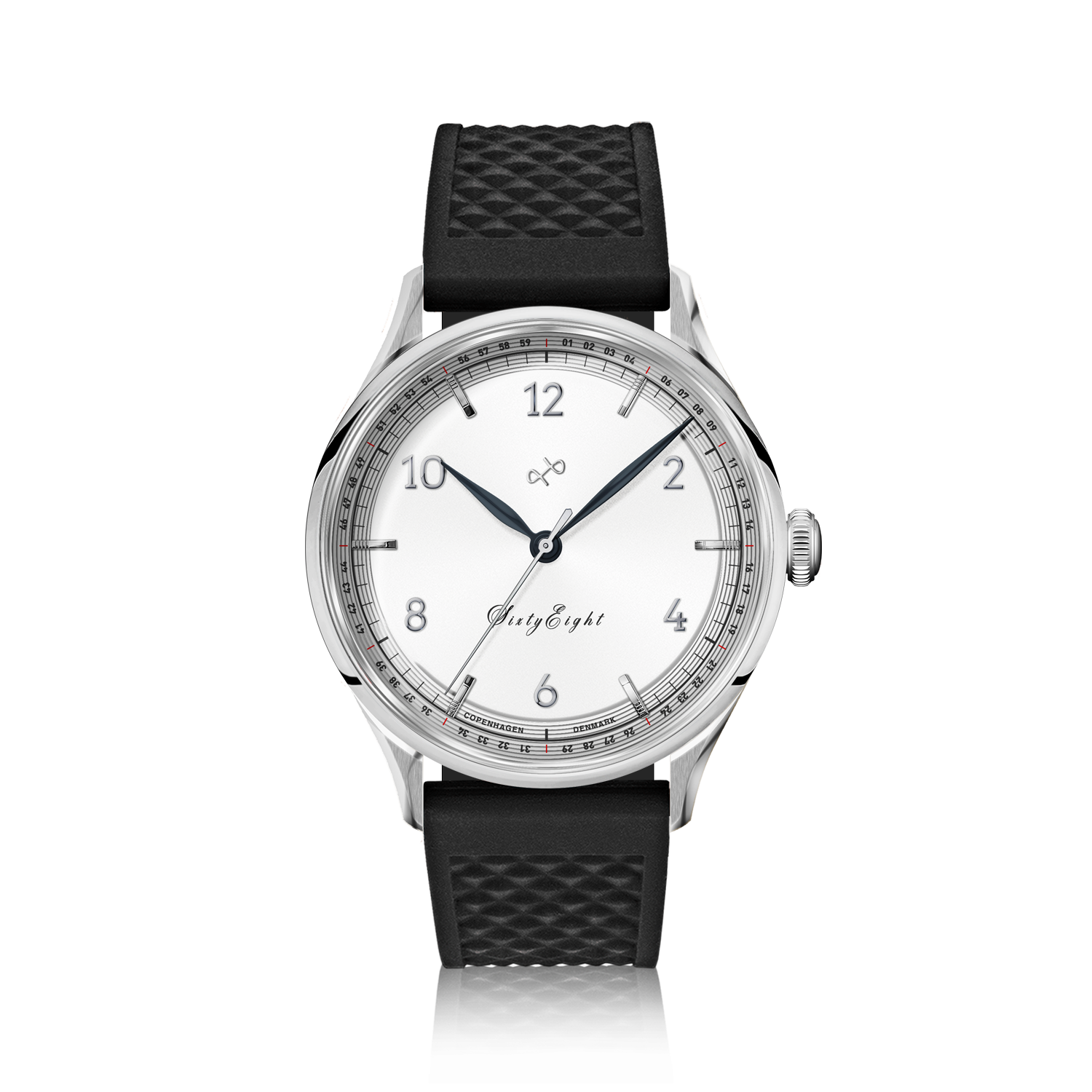 1968 Sixtyeight by AV86 vintage-inspired dress watch with sapphire crystal, stainless steel case, and textured black rubber strap