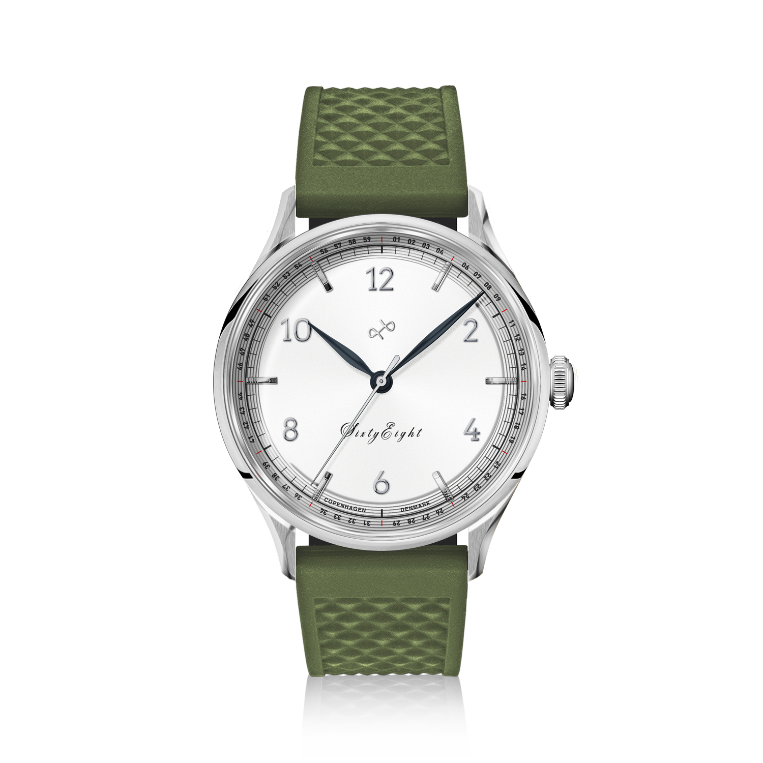 1968 Sixtyeight by AV86 vintage-inspired dress watch with sapphire crystal, clean white dial, and textured rubber strap