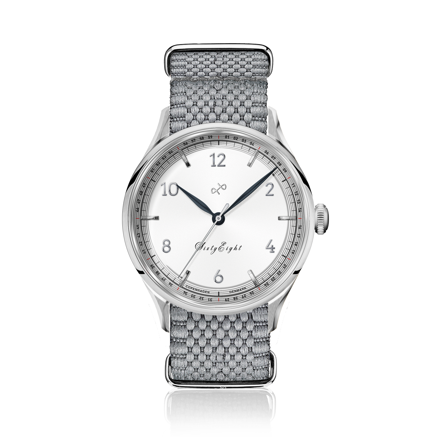 1968 Sixtyeight by AV86 vintage-inspired dress watch with sapphire crystal, polished steel case, and textured grey fabric strap