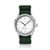 1968 Sixtyeight by AV86 vintage-inspired dress watch with sapphire crystal, white dial, and textured green fabric strap