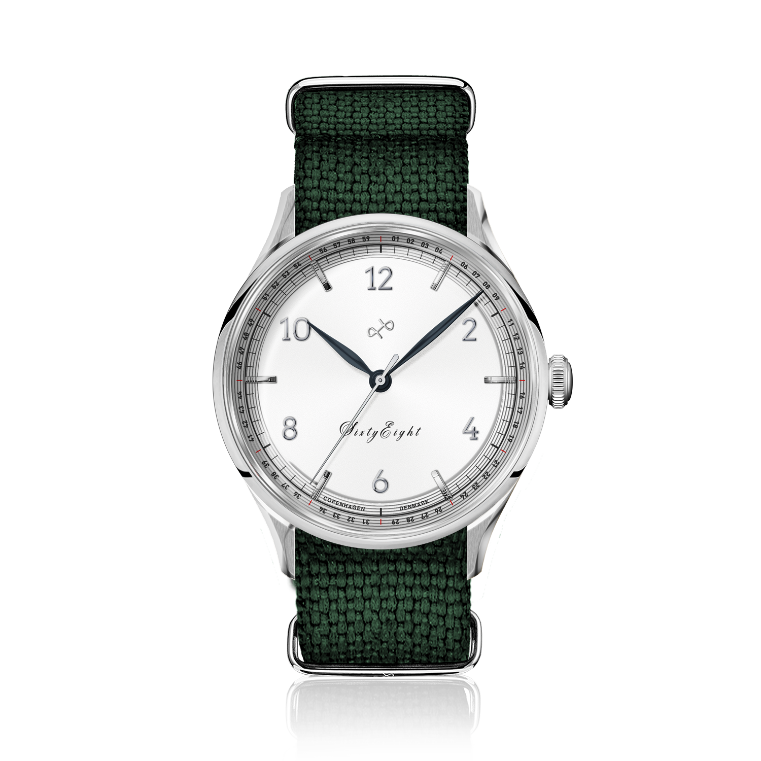 1968 Sixtyeight by AV86 vintage-inspired dress watch with sapphire crystal, white dial, and textured green fabric strap