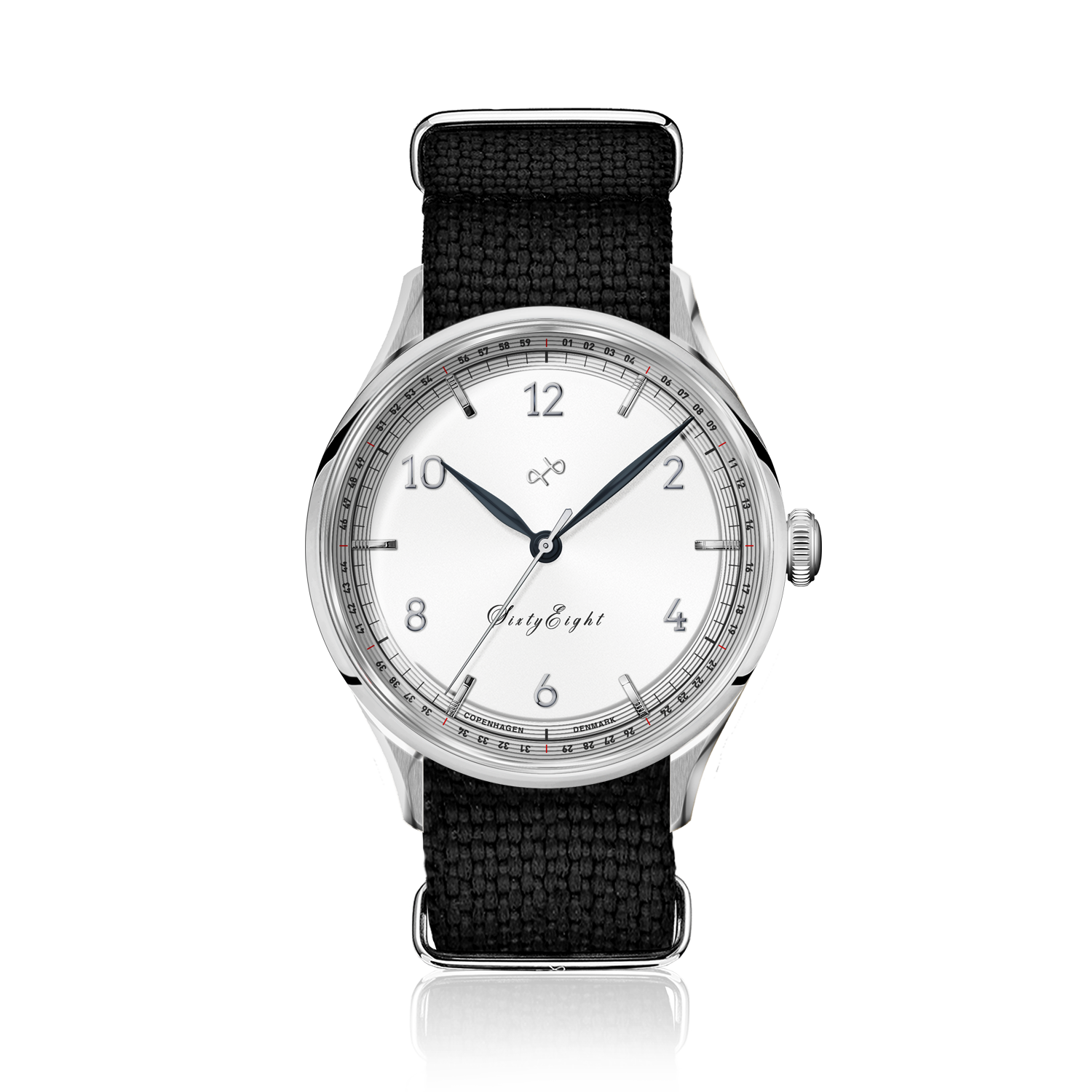1968 Sixtyeight by AV86 vintage-inspired dress watch with sapphire crystal, minimalist dial, and black fabric strap