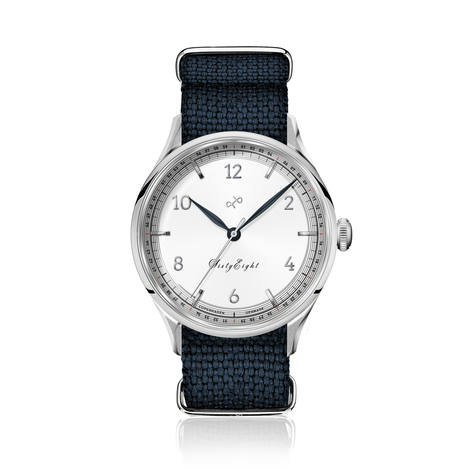 1968 Sixtyeight by AV86 vintage-inspired dress watch with sapphire crystal, subtle white dial, and textured fabric strap