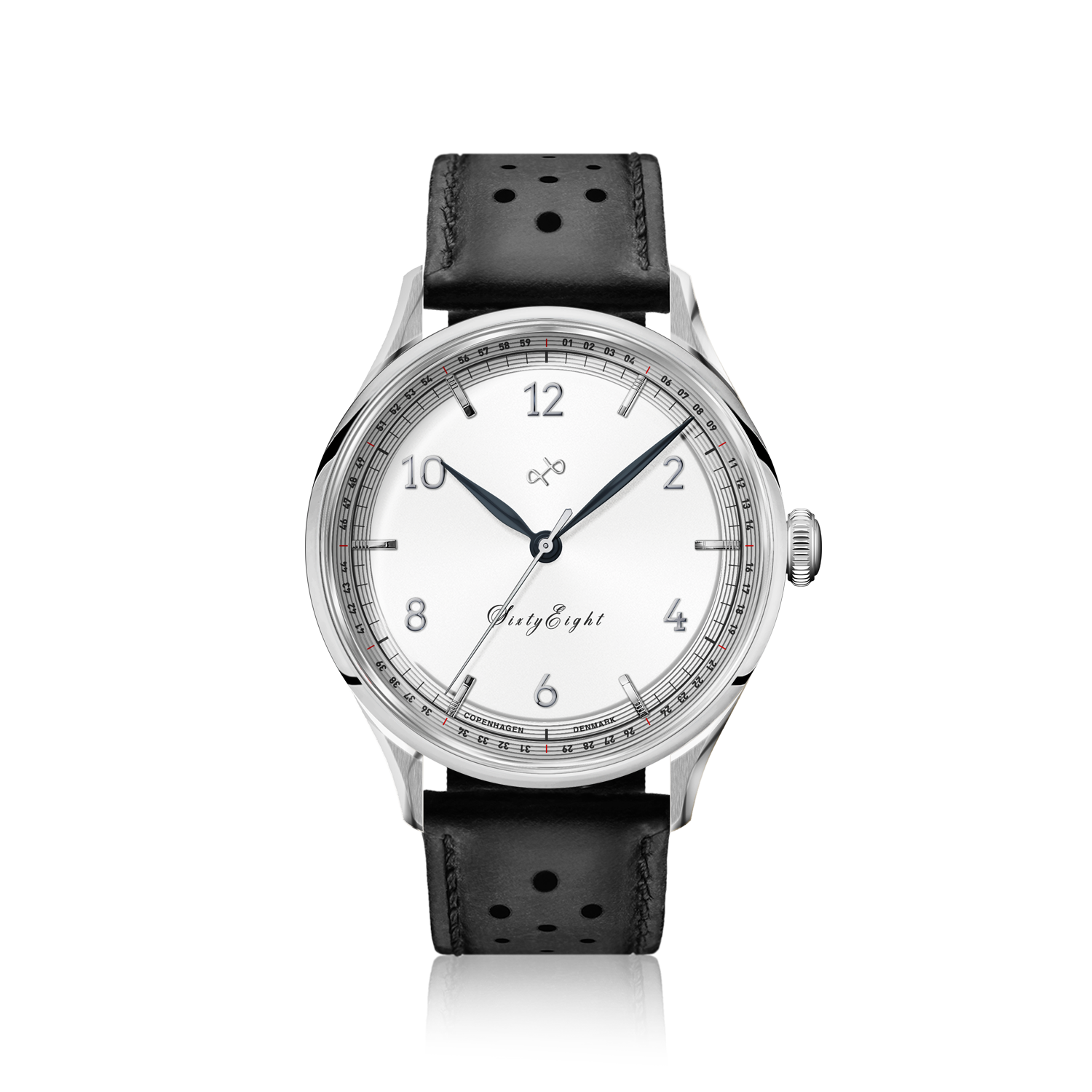 1968 Sixtyeight by AV86 vintage-inspired dress watch with sapphire crystal, minimalist dial, and perforated black leather strap