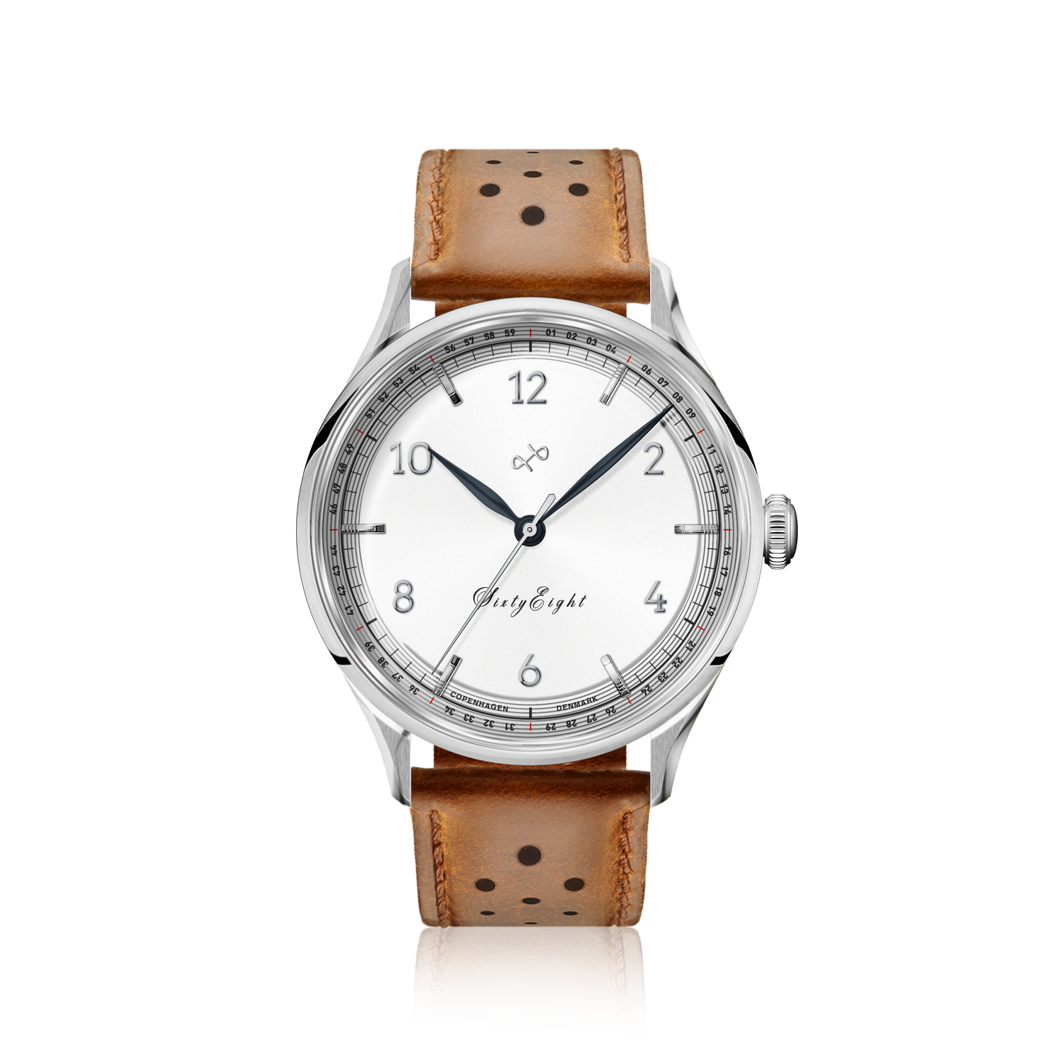 1968 Sixtyeight by AV86 vintage-inspired dress watch with sapphire crystal, minimalist dial, and perforated brown leather strap