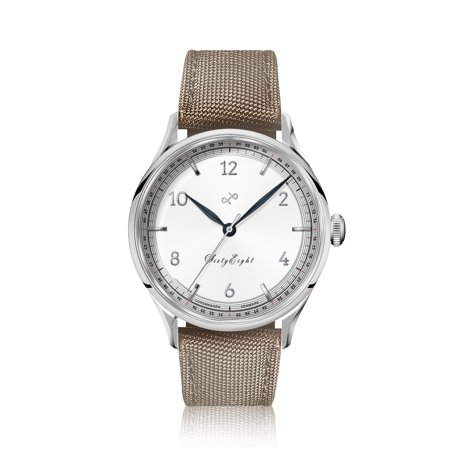 1968 Sixtyeight by AV86 vintage-inspired dress watch with minimalist dial, sapphire crystal, and woven fabric strap