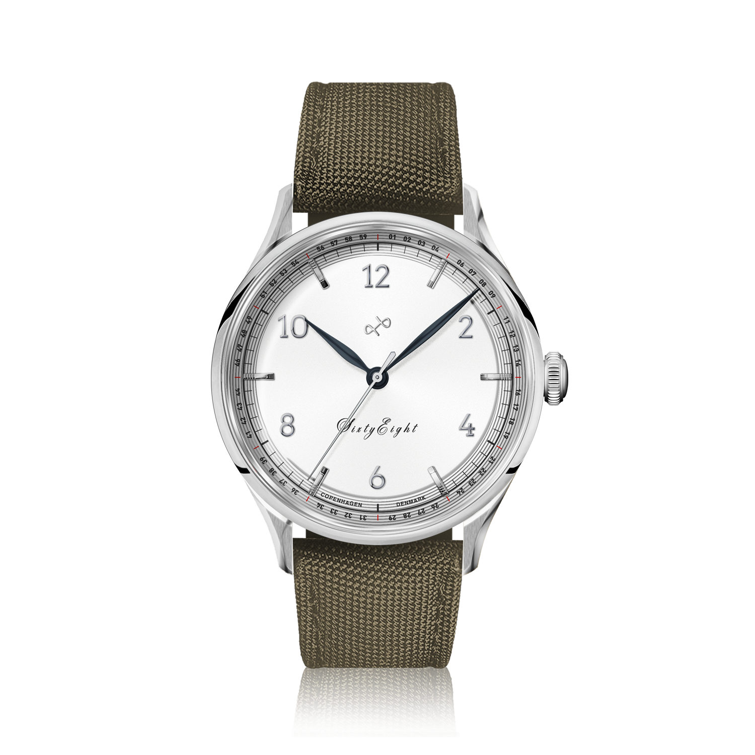 1968 Sixtyeight by AV86 vintage-inspired dress watch with sapphire crystal, clean white dial, and textured fabric strap