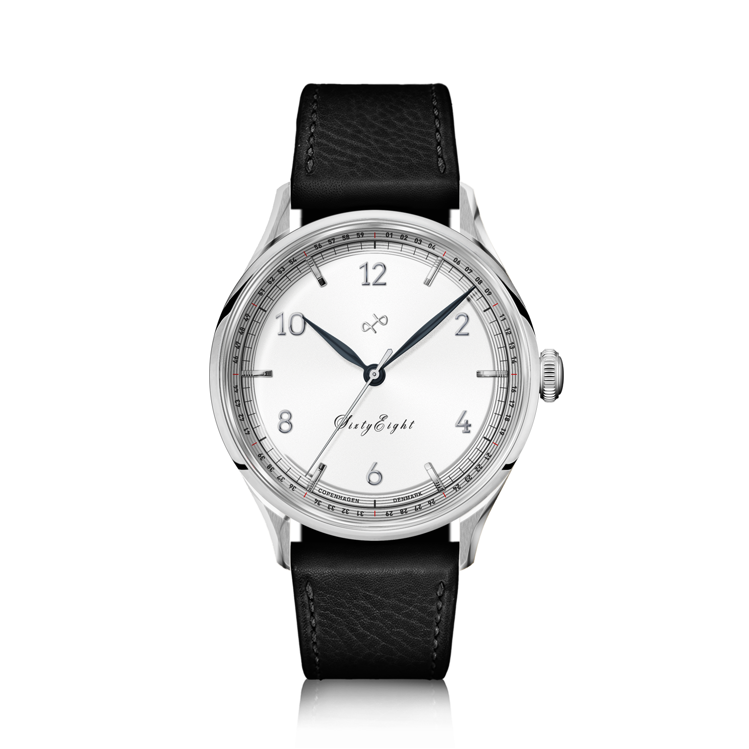 1968 Sixtyeight by AV86 luxury dress watch with vintage-inspired dial, sapphire crystal, polished case, and black leather strap