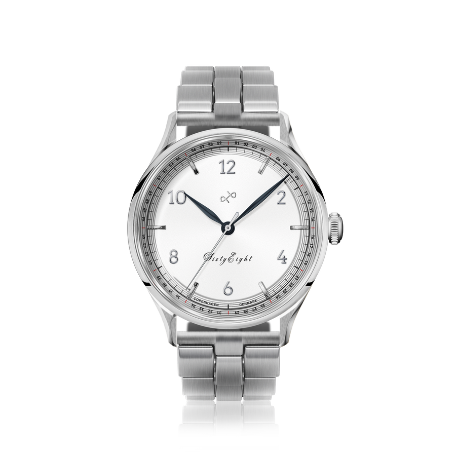 1968 Sixtyeight by AV86 vintage-inspired dress watch with minimalist dial, sapphire crystal, and stainless steel bracelet strap