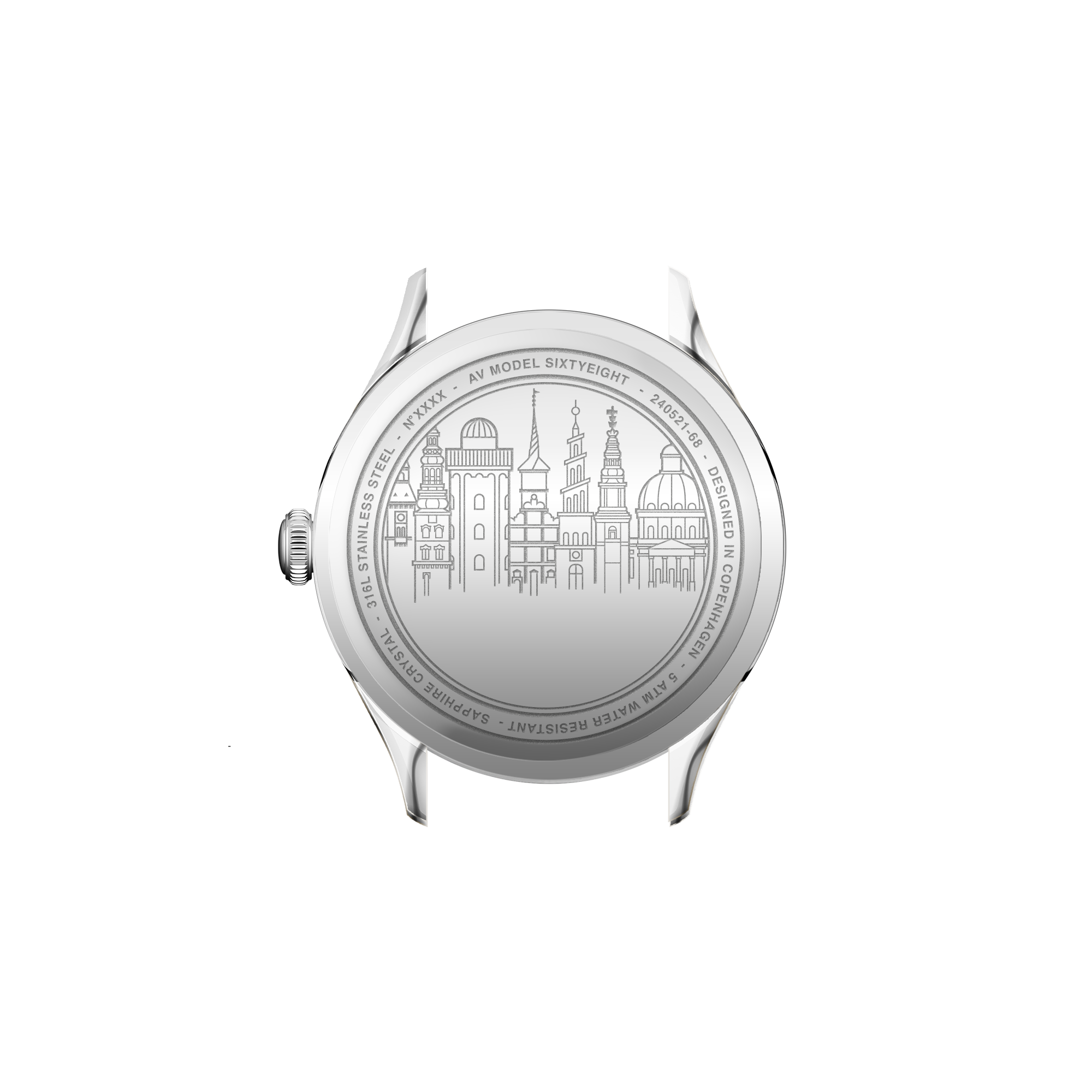 VB Kong Hans Eg Limited Edition by AV86 showcasing engraved case back with Copenhagen skyline and stainless steel casing