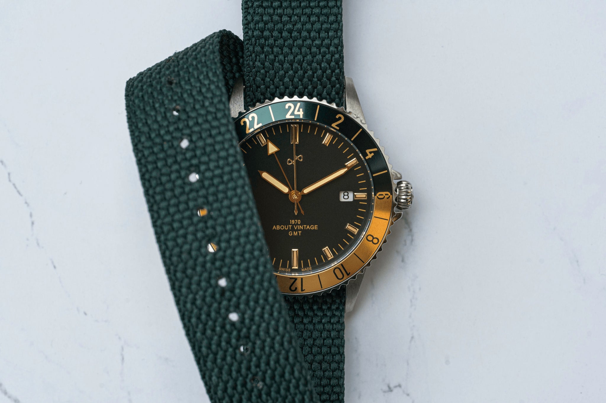 1970 Haagen GMT Automatic by AV86 luxury vintage-inspired GMT watch with sapphire crystal, bi-color bezel, and textured fabric strap