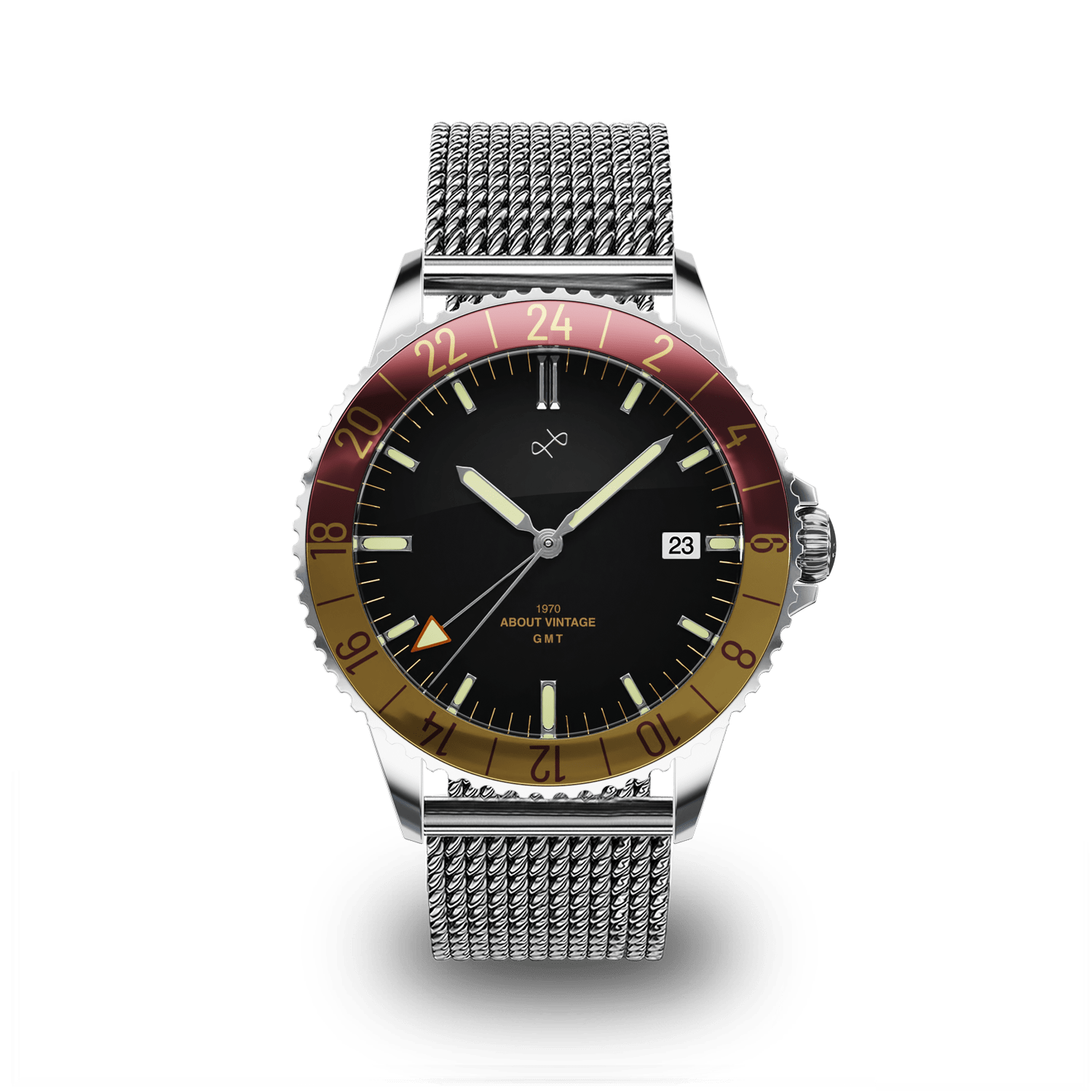 1970 Haagen GMT Automatic, Swiss Made by AV86 with vintage-inspired dial, burgundy-gold bezel, sapphire crystal, and mesh steel bracelet strap