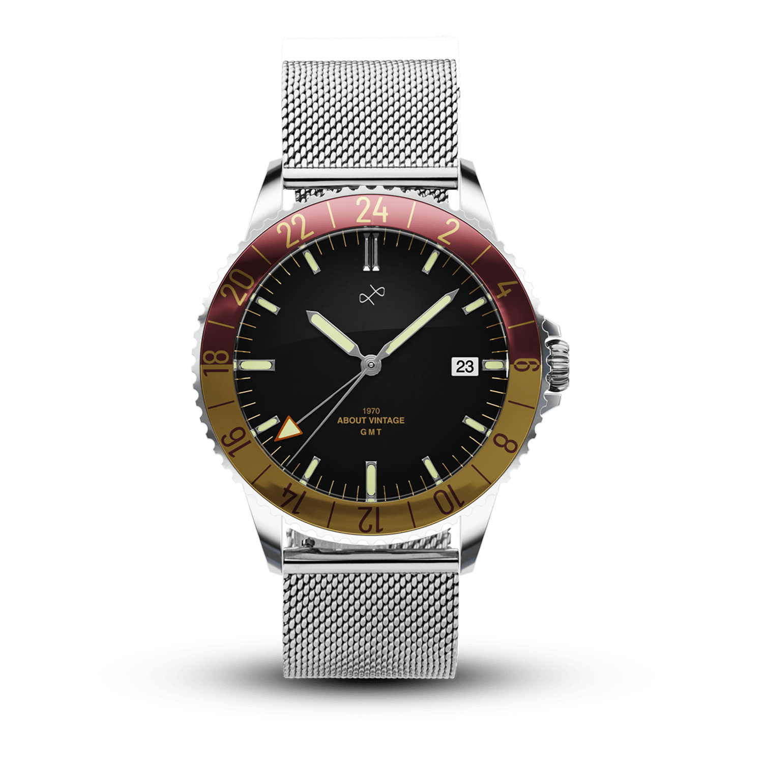 1970 Haagen GMT Automatic, Swiss Made by AV86 vintage-inspired GMT with sapphire crystal, burgundy-gold bezel, and steel mesh strap