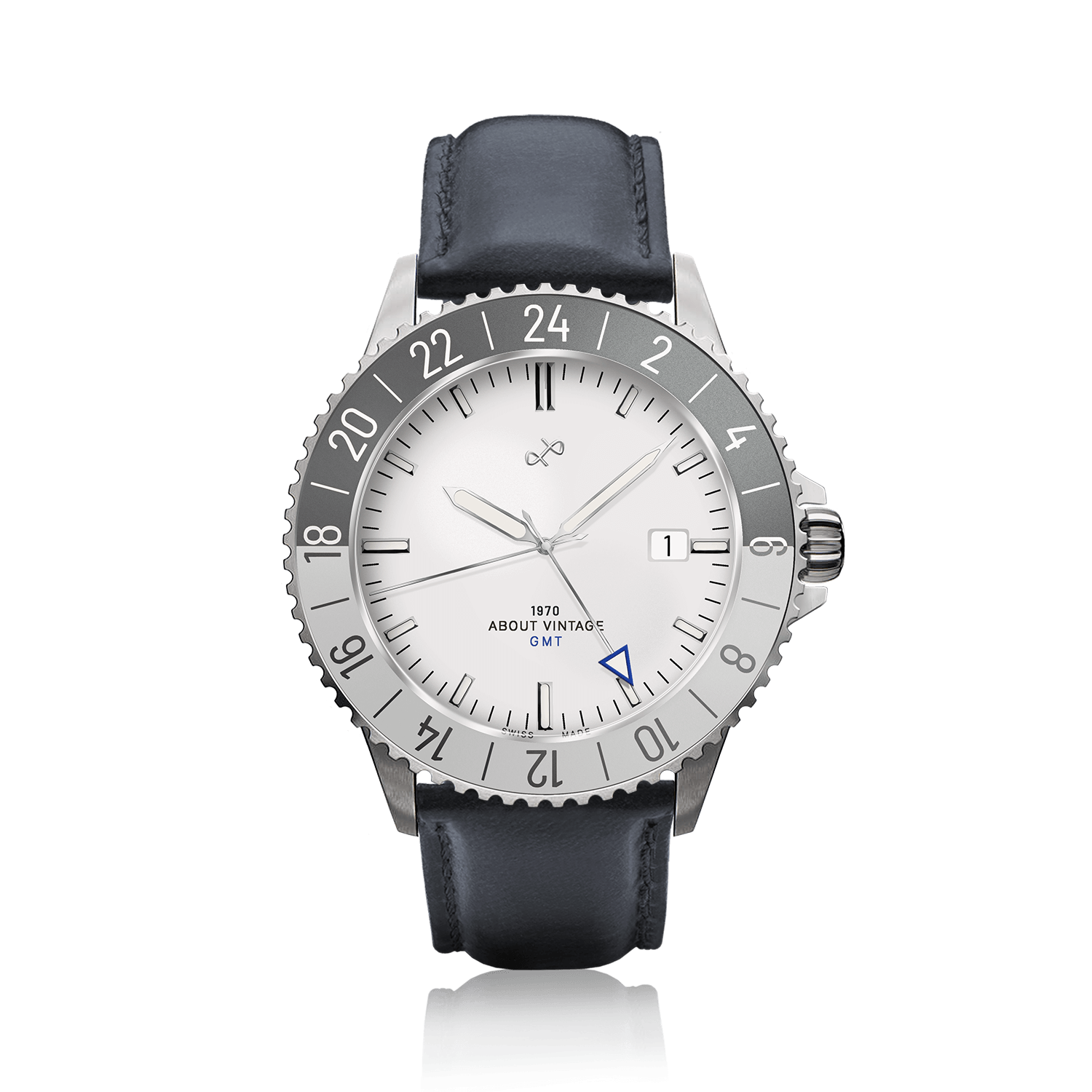 1970 Glacier GMT Automatic by AV86 with vintage-inspired dial, sapphire crystal, GMT bezel, and black leather strap luxury timepiece