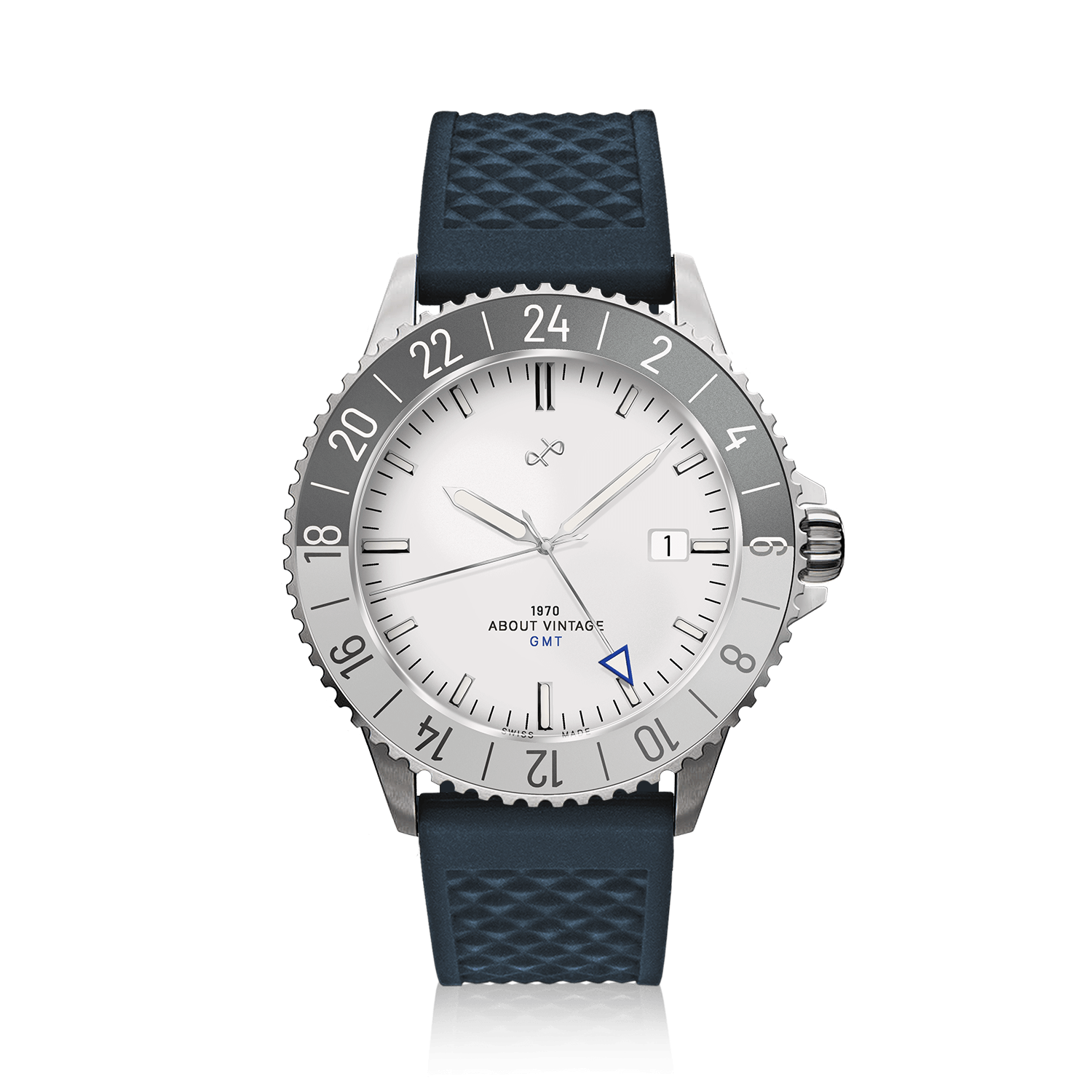 1970 Glacier GMT Automatic by AV86 vintage-inspired GMT with sapphire crystal, 24-hour bezel, and textured rubber strap