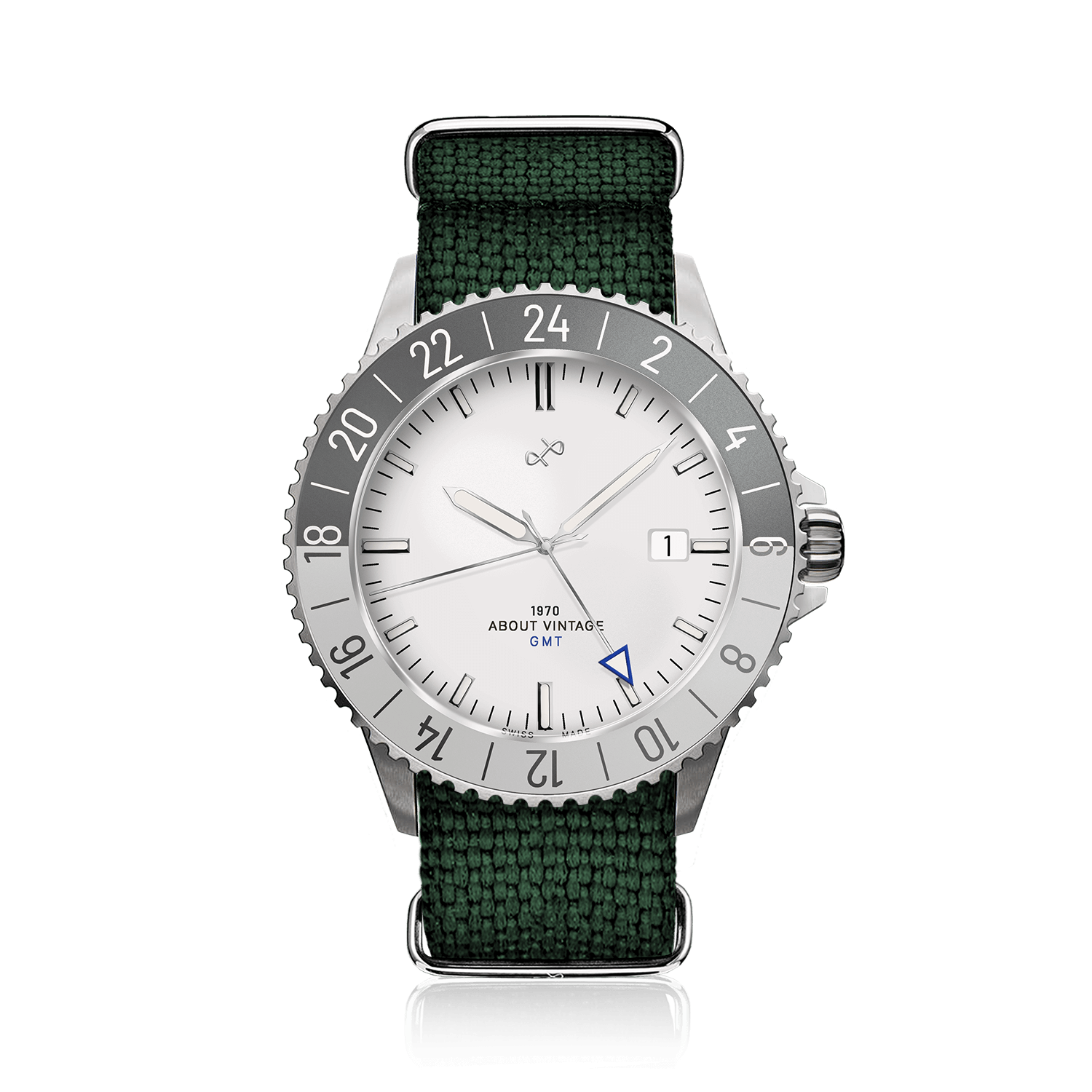 1970 Glacier GMT Automatic by AV86 with vintage-inspired off-white dial, sapphire crystal, GMT bezel, and fabric strap